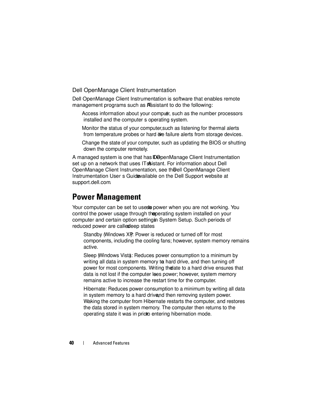 Dell T3400 manual Power Management, Dell OpenManage Client Instrumentation 