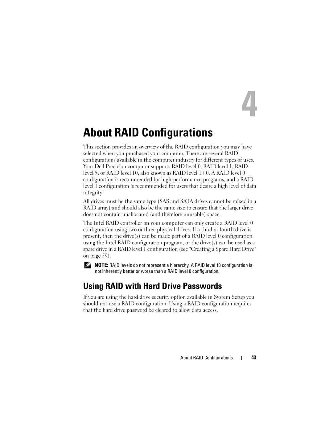 Dell T3400 manual About RAID Configurations, Using RAID with Hard Drive Passwords 