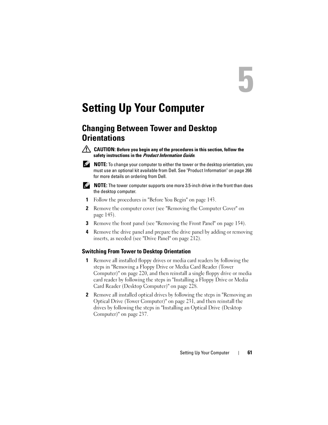 Dell T3400 manual Setting Up Your Computer, Changing Between Tower and Desktop Orientations 