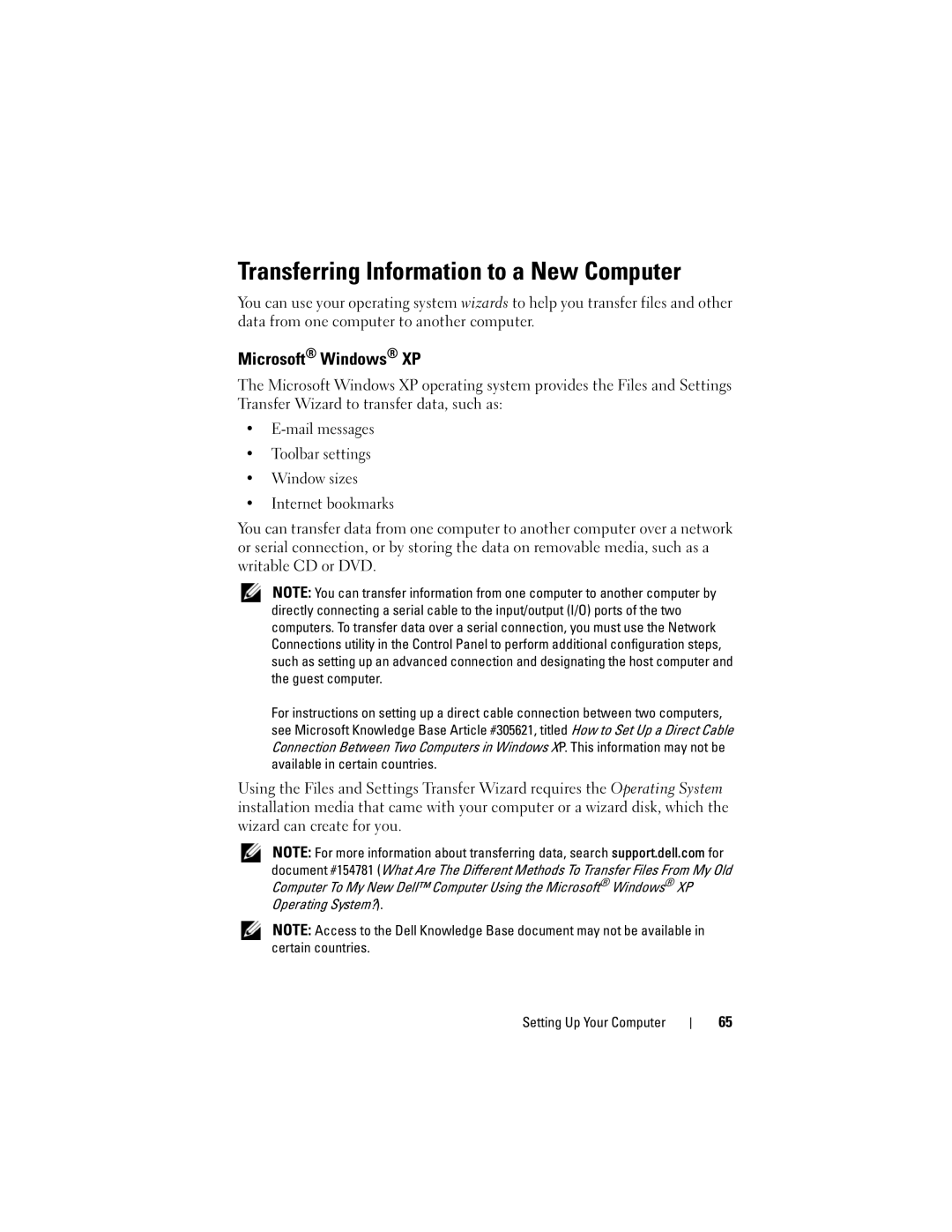 Dell T3400 manual Transferring Information to a New Computer, Microsoft Windows XP 