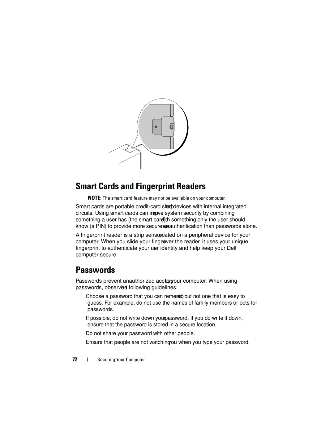 Dell T3400 manual Smart Cards and Fingerprint Readers, Passwords 
