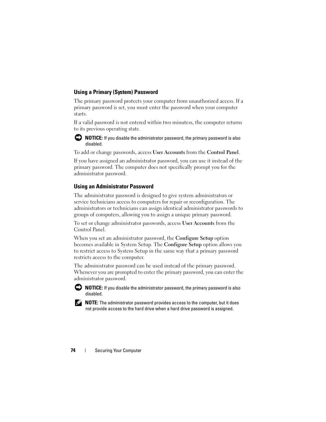 Dell T3400 manual Using a Primary System Password, Using an Administrator Password 