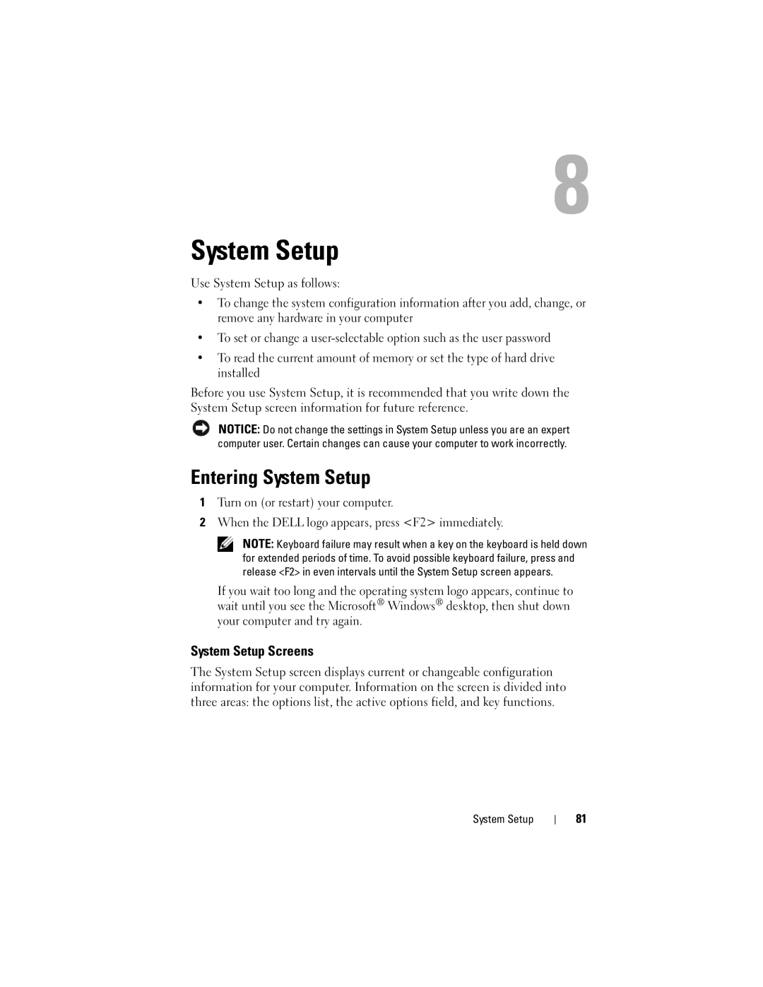 Dell T3400 manual Entering System Setup, System Setup Screens 