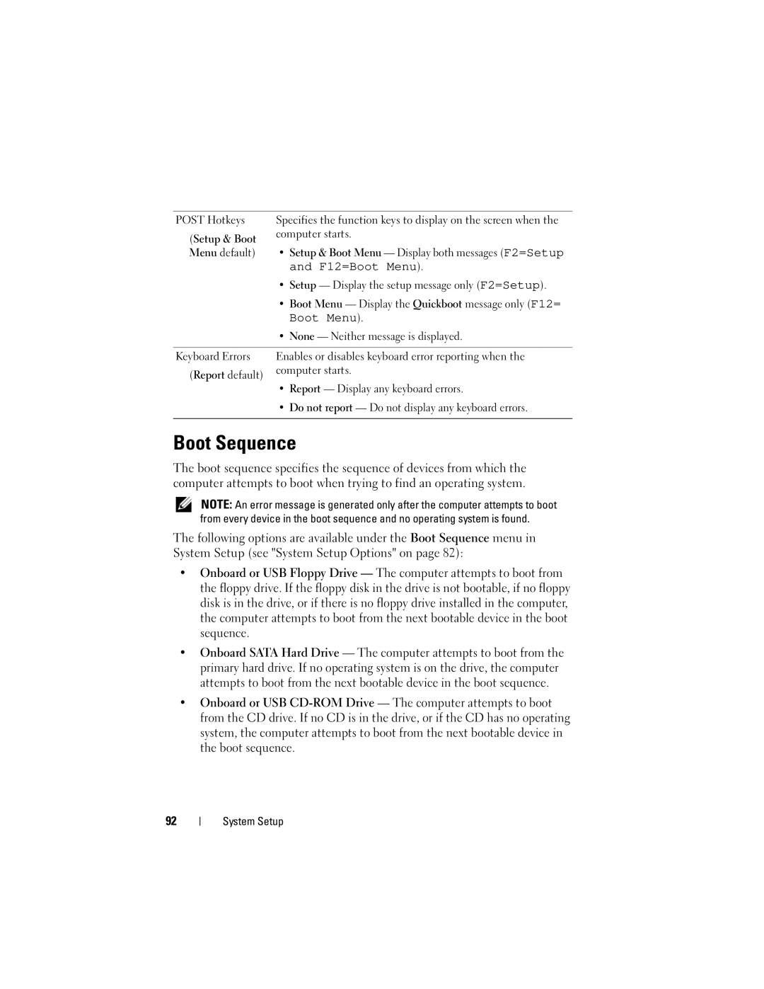 Dell T3400 manual Boot Sequence, Post Hotkeys 