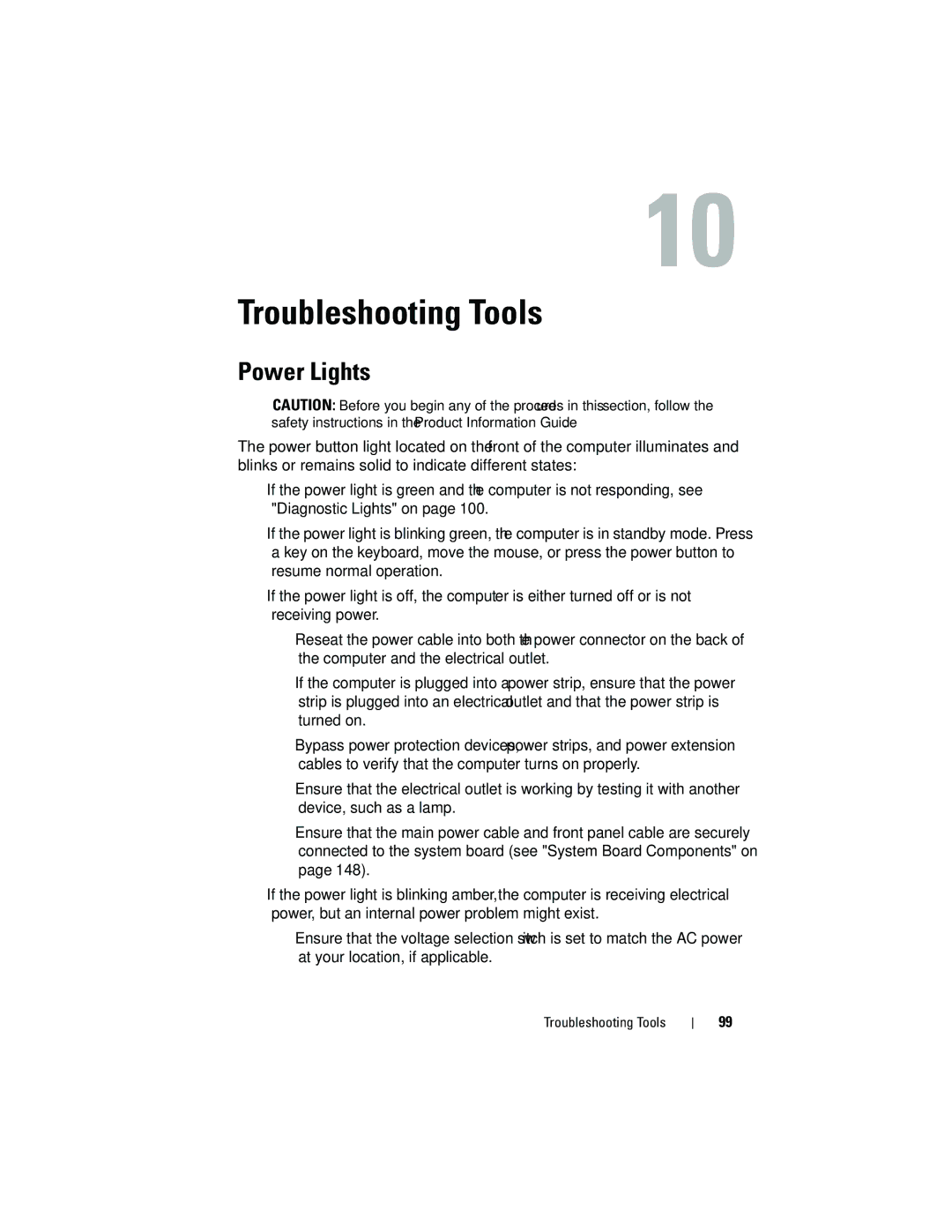 Dell T3400 manual Troubleshooting Tools, Power Lights 