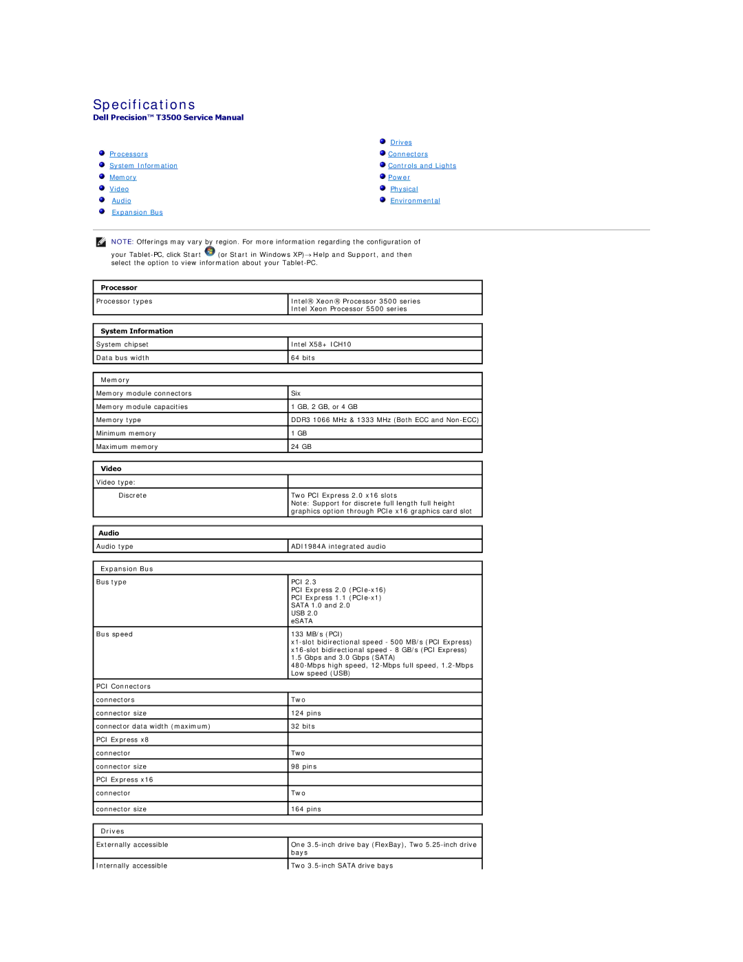 Dell T3500 specifications Specifications 