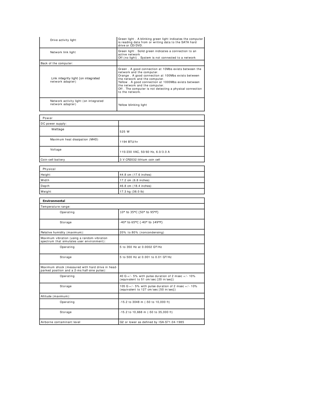 Dell T3500 specifications Power, Physical, Environmental 