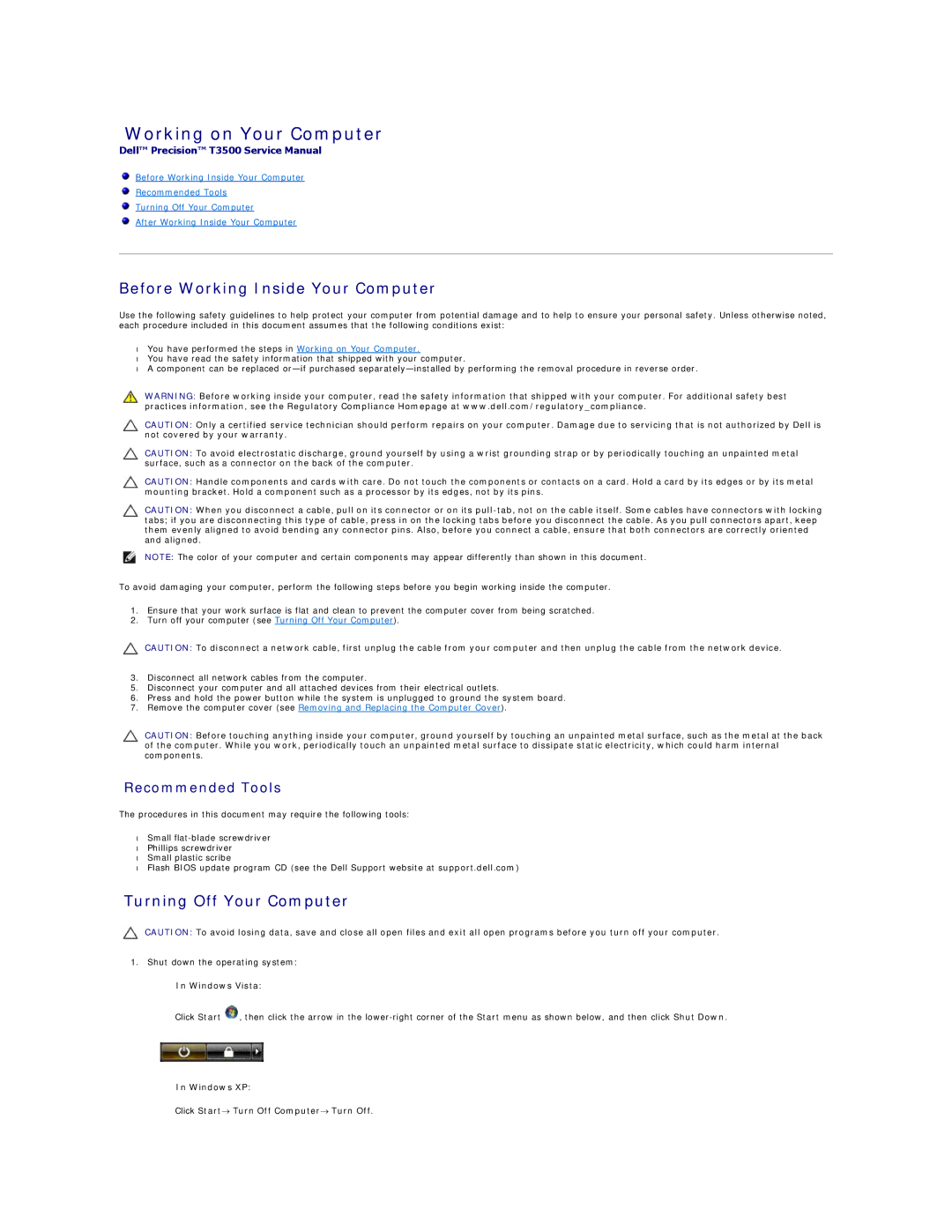 Dell T3500 Working on Your Computer, Before Working Inside Your Computer, Turning Off Your Computer, Windows Vista 