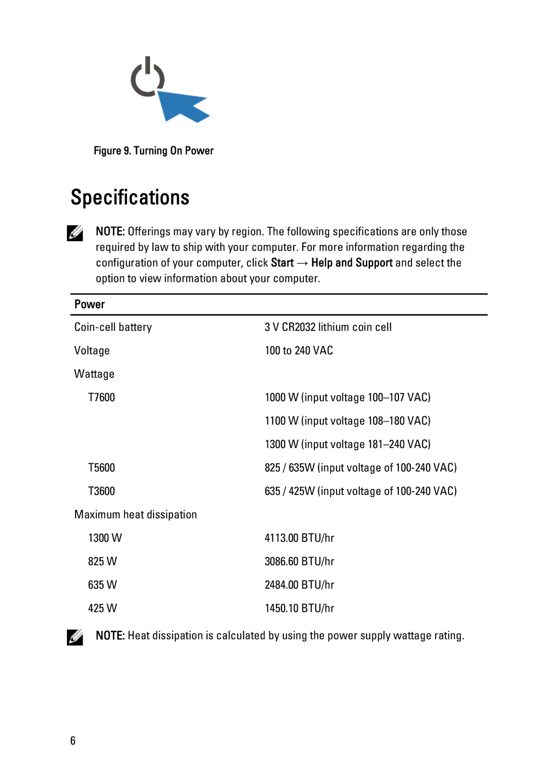 Dell t3600/t5600 manual Specifications, Power 