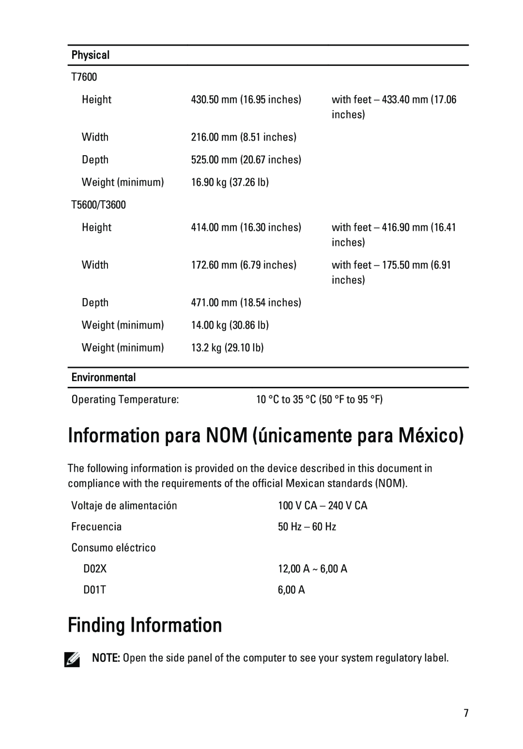 Dell t3600/t5600 manual Information para NOM únicamente para México, Finding Information, Physical, Environmental 