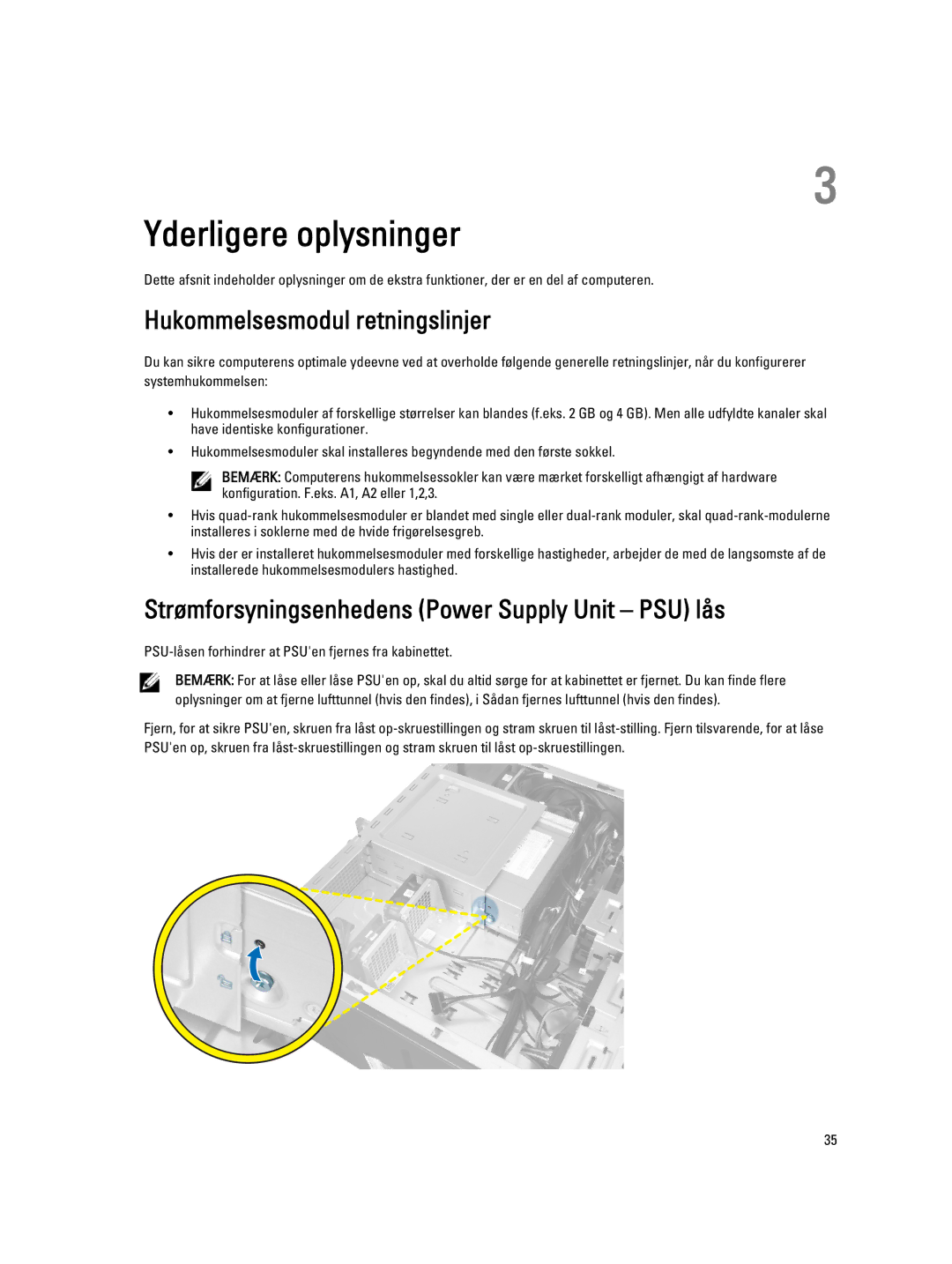 Dell T3610 Yderligere oplysninger, Hukommelsesmodul retningslinjer, Strømforsyningsenhedens Power Supply Unit PSU lås 