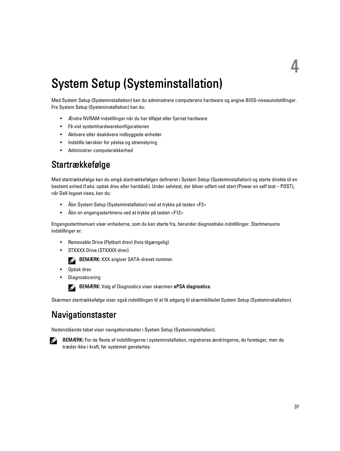 Dell T3610 manual System Setup Systeminstallation, Startrækkefølge, Navigationstaster 