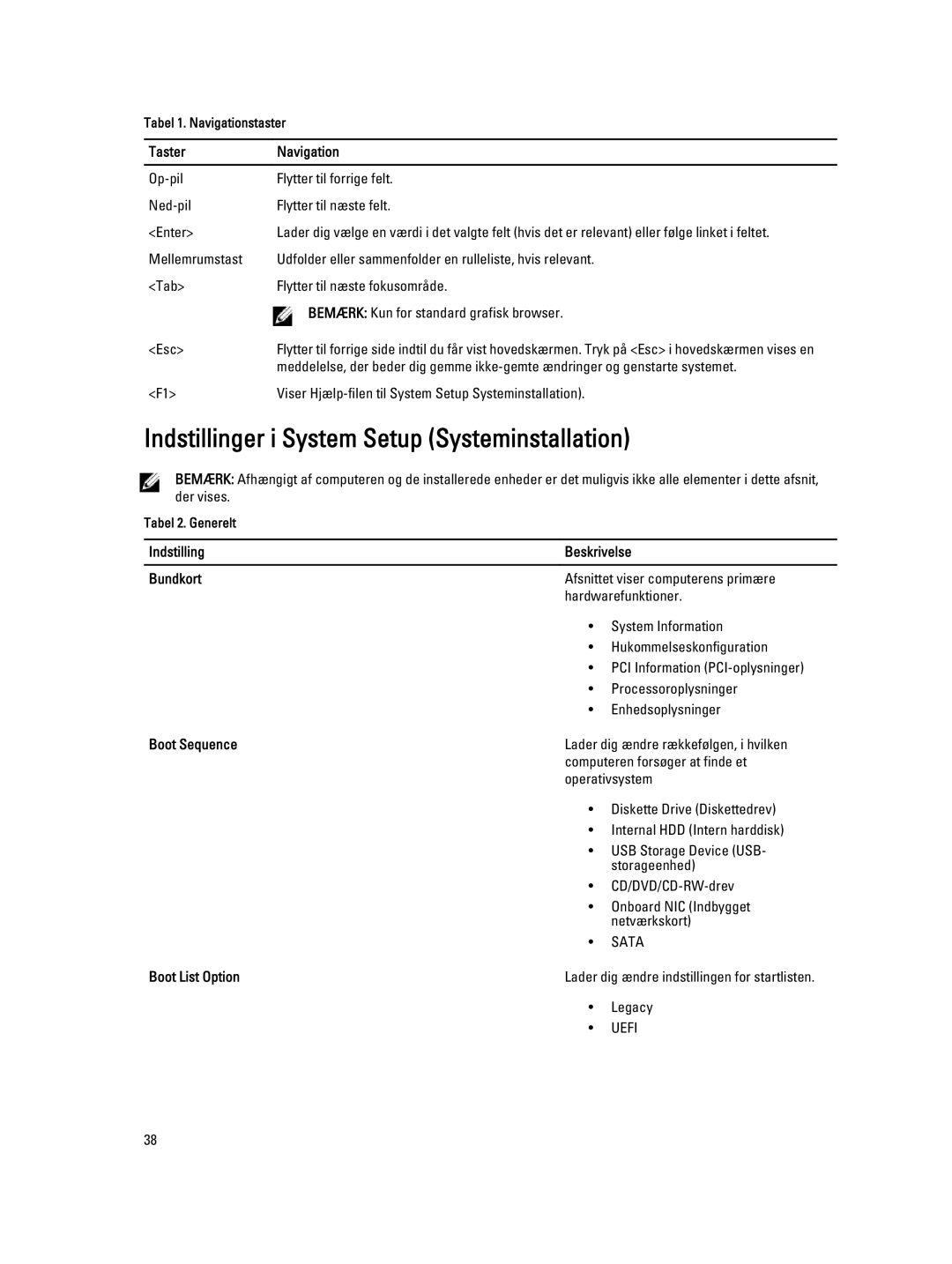 Dell T3610 manual Indstillinger i System Setup Systeminstallation, Taster Navigation, Indstilling Beskrivelse Bundkort 