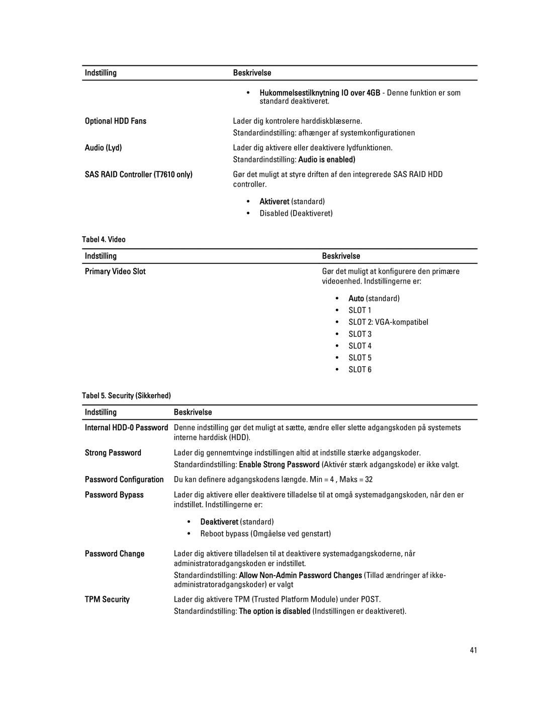 Dell T3610 manual Optional HDD Fans, Audio Lyd, SAS RAID Controller T7610 only, Indstilling Beskrivelse Primary Video Slot 