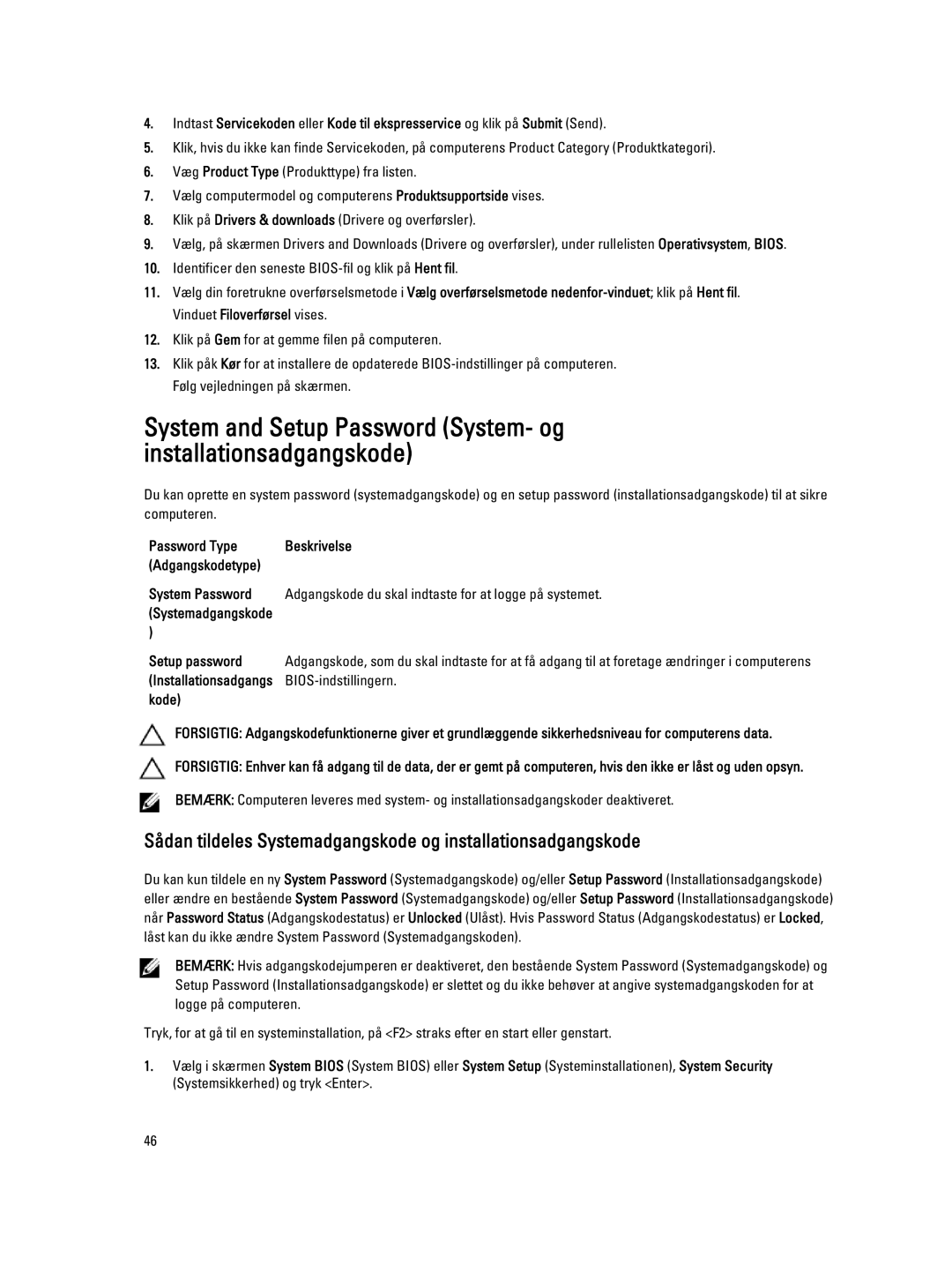 Dell T3610 manual Setup password, BIOS-indstillingern 