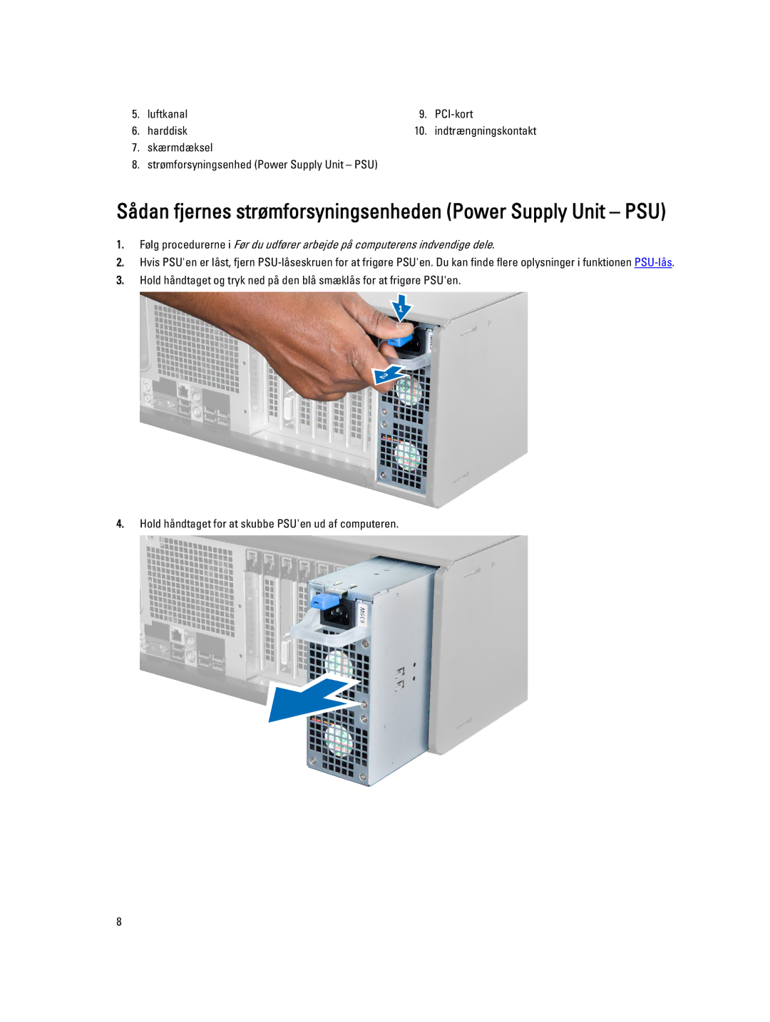 Dell T3610 manual Sådan fjernes strømforsyningsenheden Power Supply Unit PSU, Luftkanal PCI-kort Harddisk 