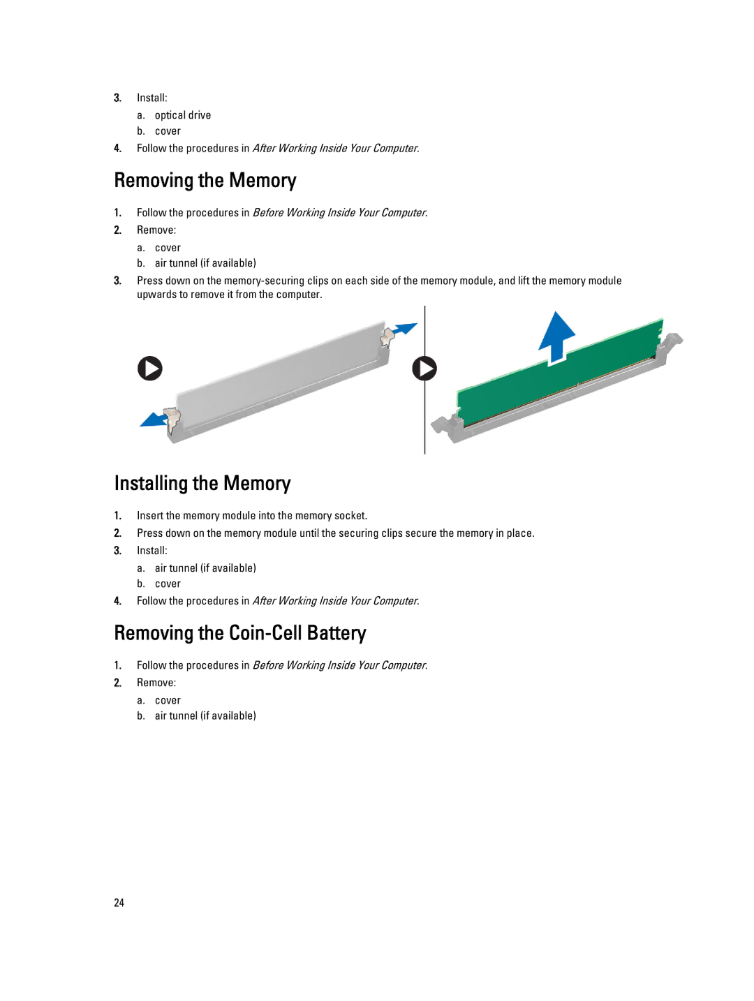 Dell T3610 owner manual Removing the Memory, Installing the Memory, Removing the Coin-Cell Battery 