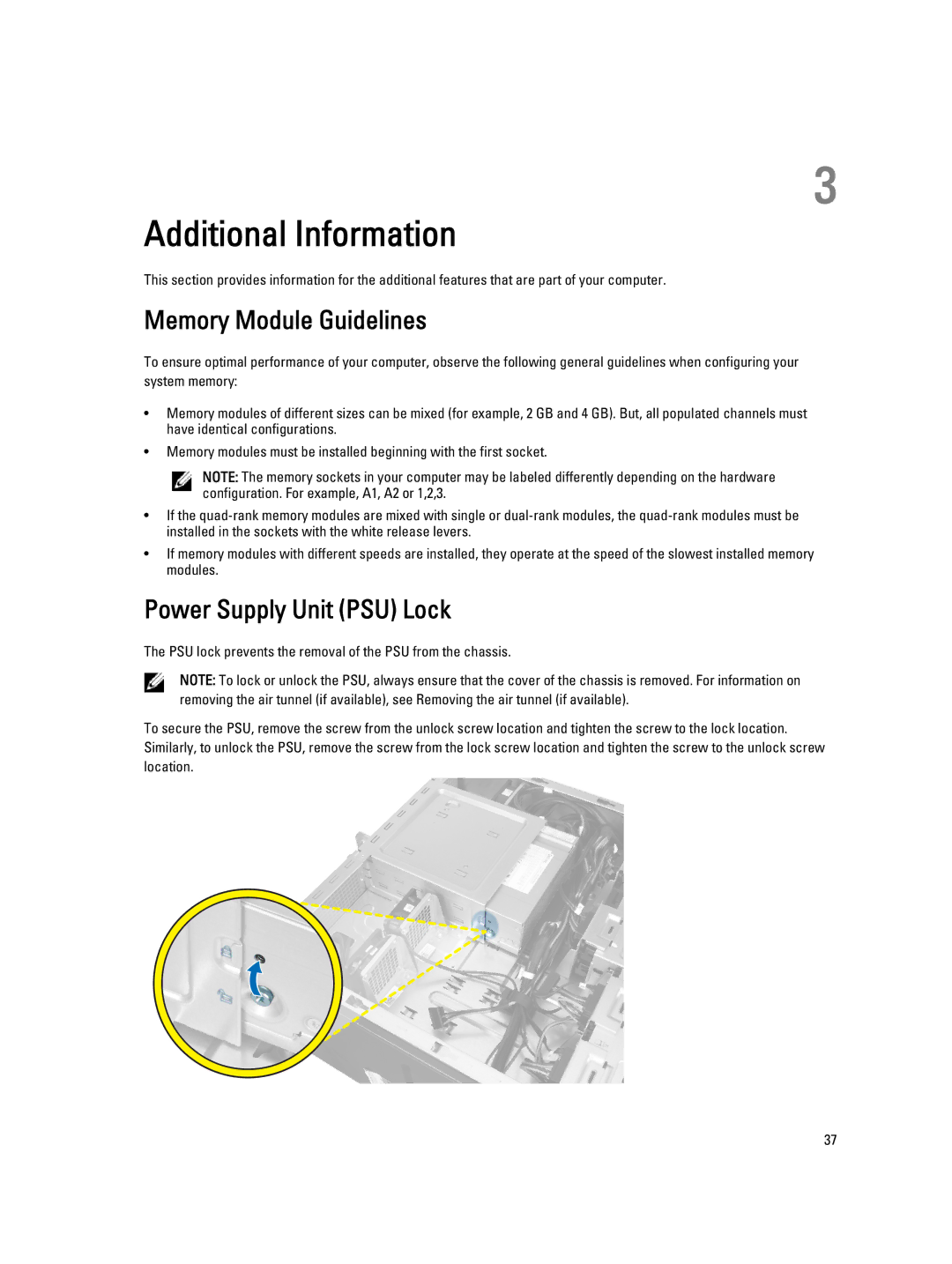 Dell T3610 owner manual Additional Information, Memory Module Guidelines, Power Supply Unit PSU Lock 