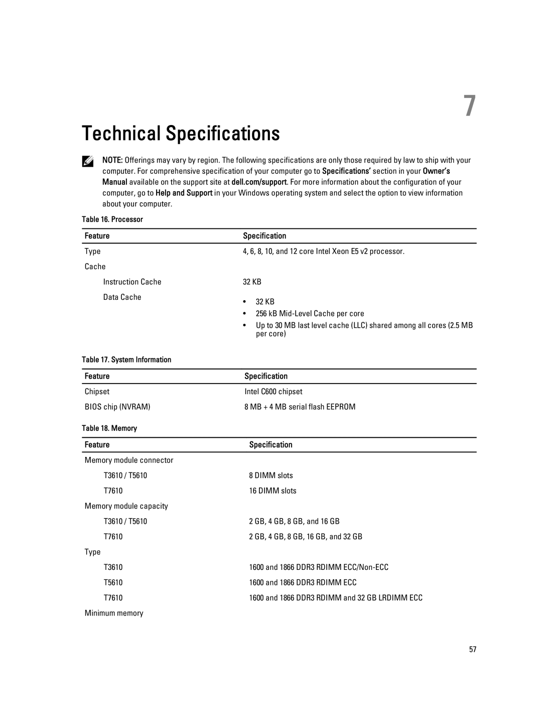 Dell T3610 owner manual Technical Specifications, Feature Specification 