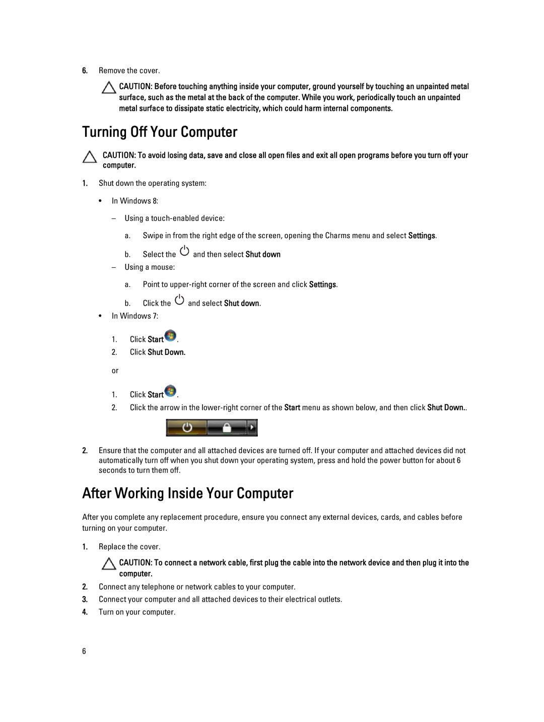 Dell T3610 owner manual Turning Off Your Computer, After Working Inside Your Computer, Click Shut Down 