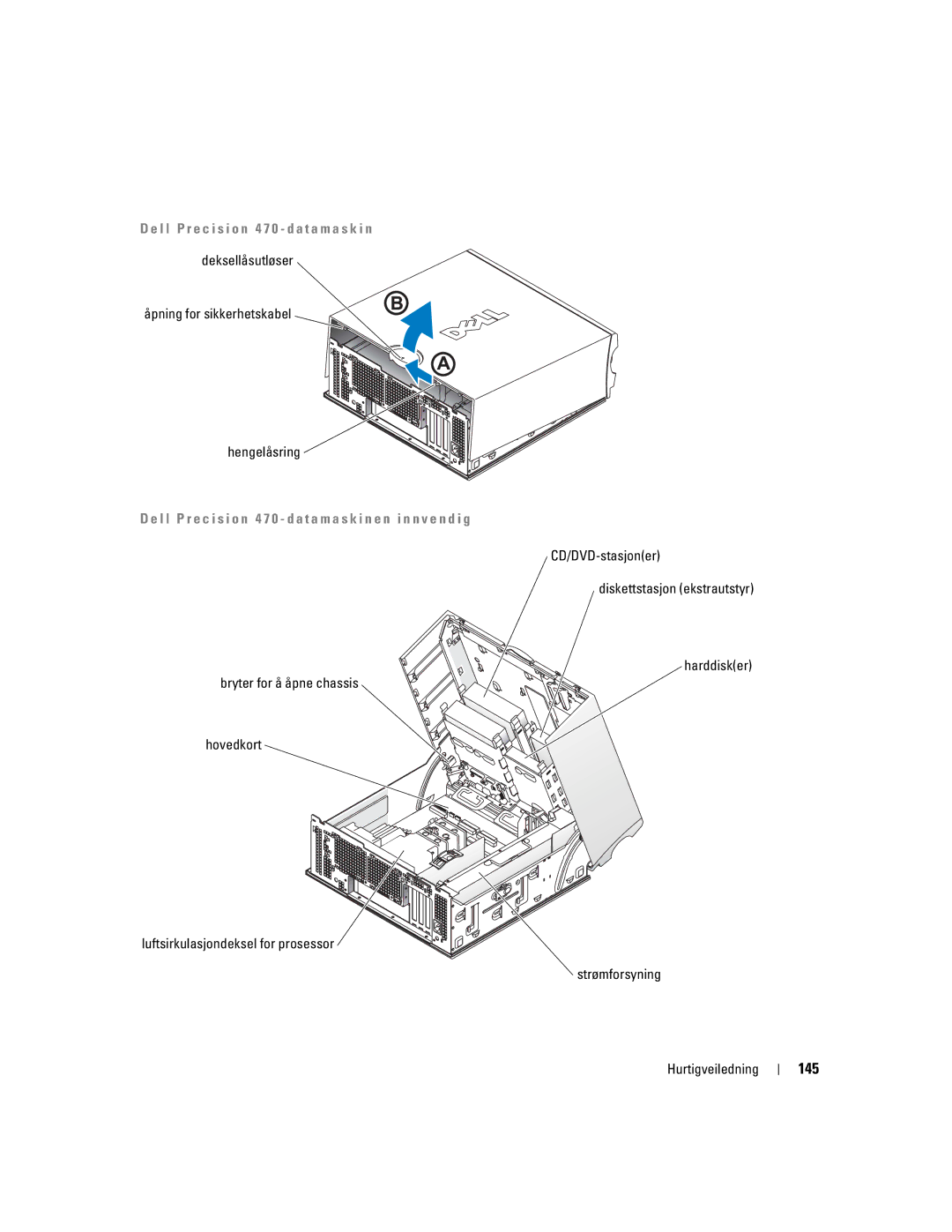 Dell T3913 manual 145, Åpning for sikkerhetskabel Hengelåsring 