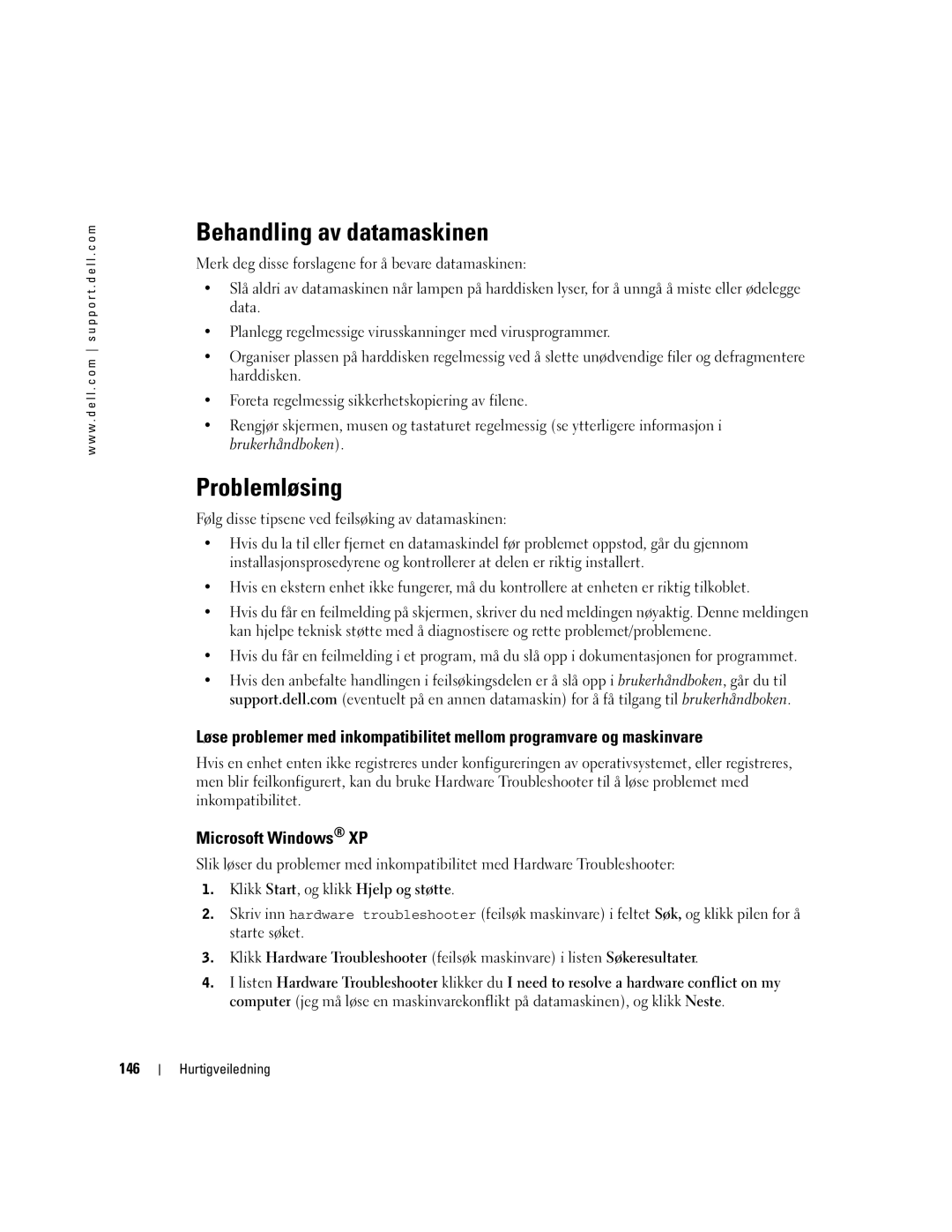 Dell T3913 manual Behandling av datamaskinen, Problemløsing, 146 