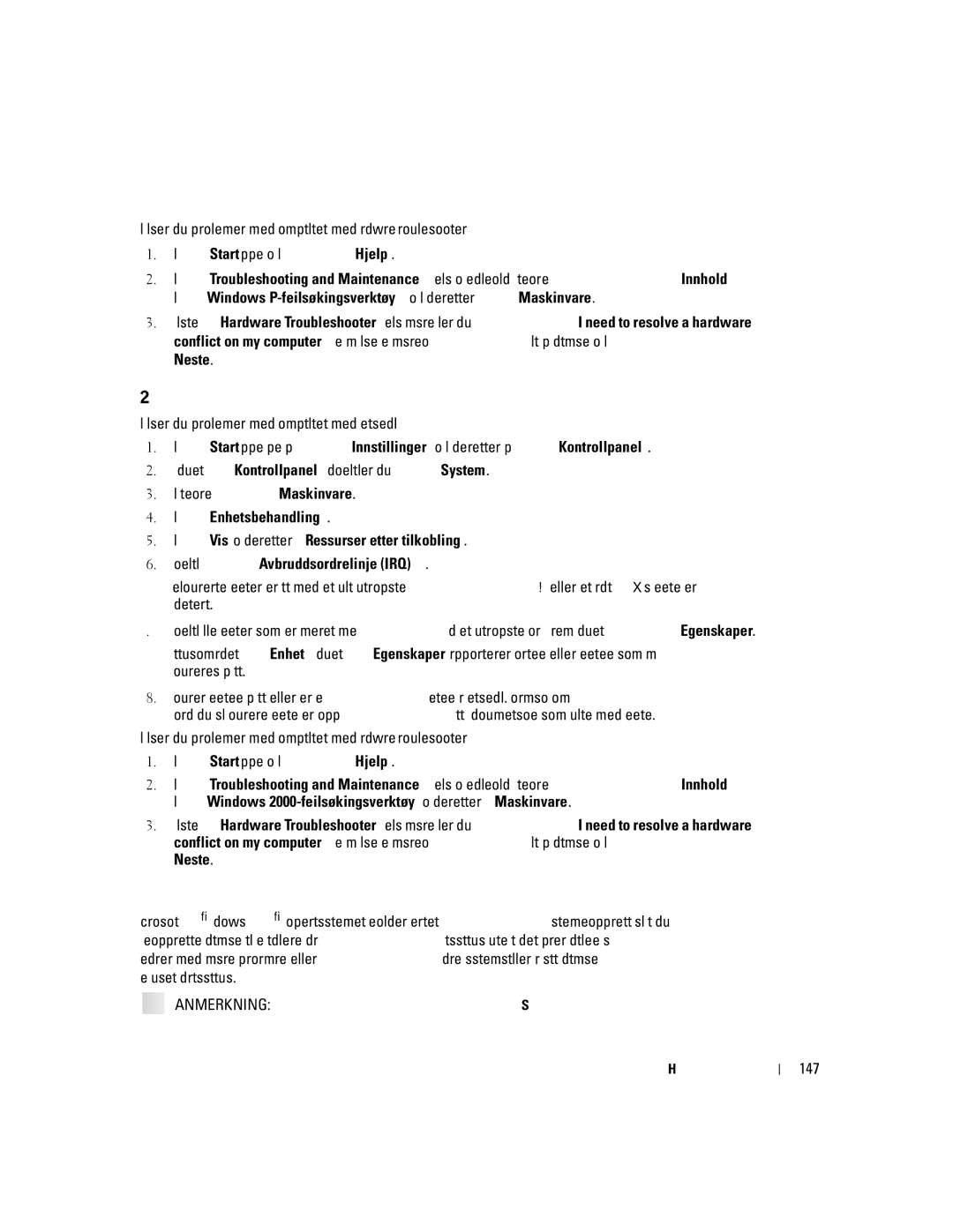 Dell T3913 manual Bruke Systemgjenoppretting i Windows XP, Neste, 147 