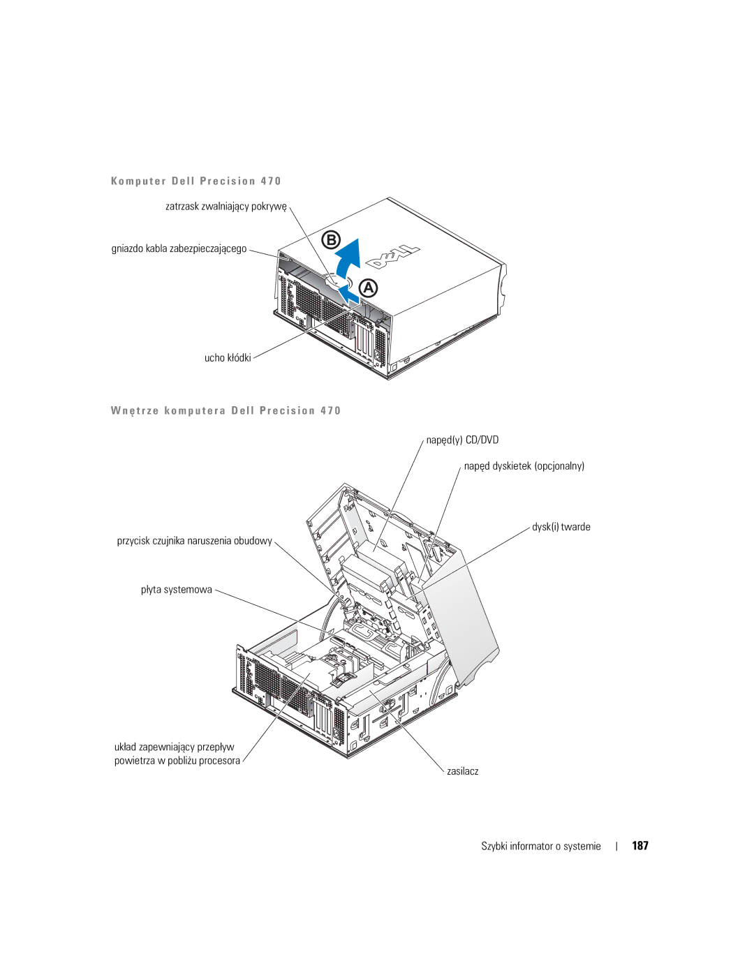 Dell T3913 manual 187, Ę t r z e k o m p u t e r a D e l l P r e c i s i o n 4 7 