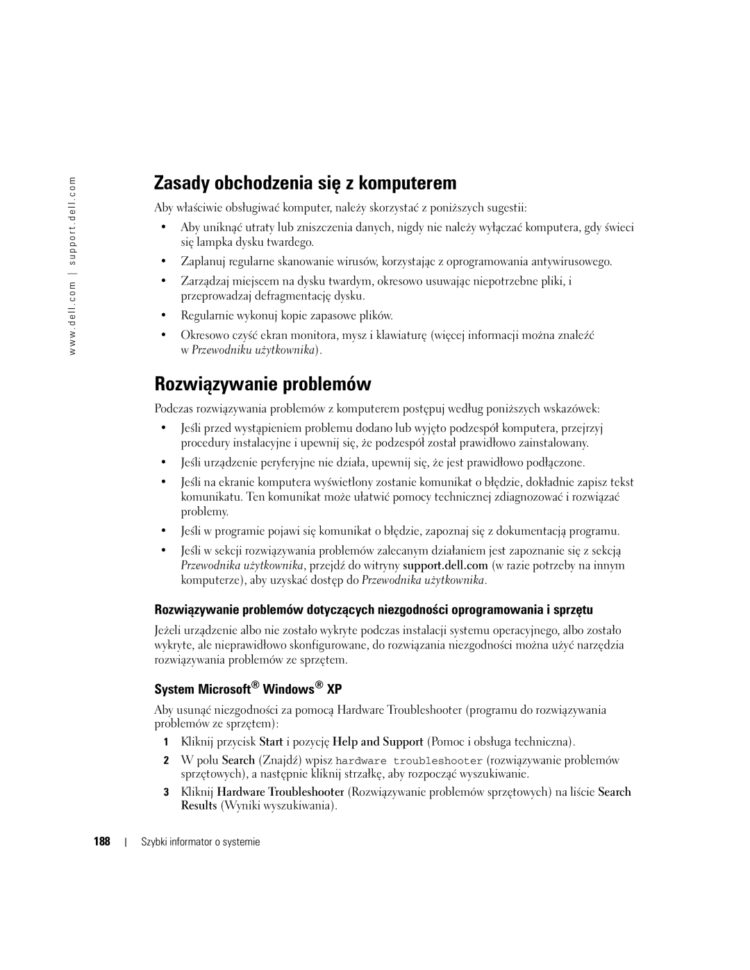 Dell T3913 manual Zasady obchodzenia się z komputerem, 188 