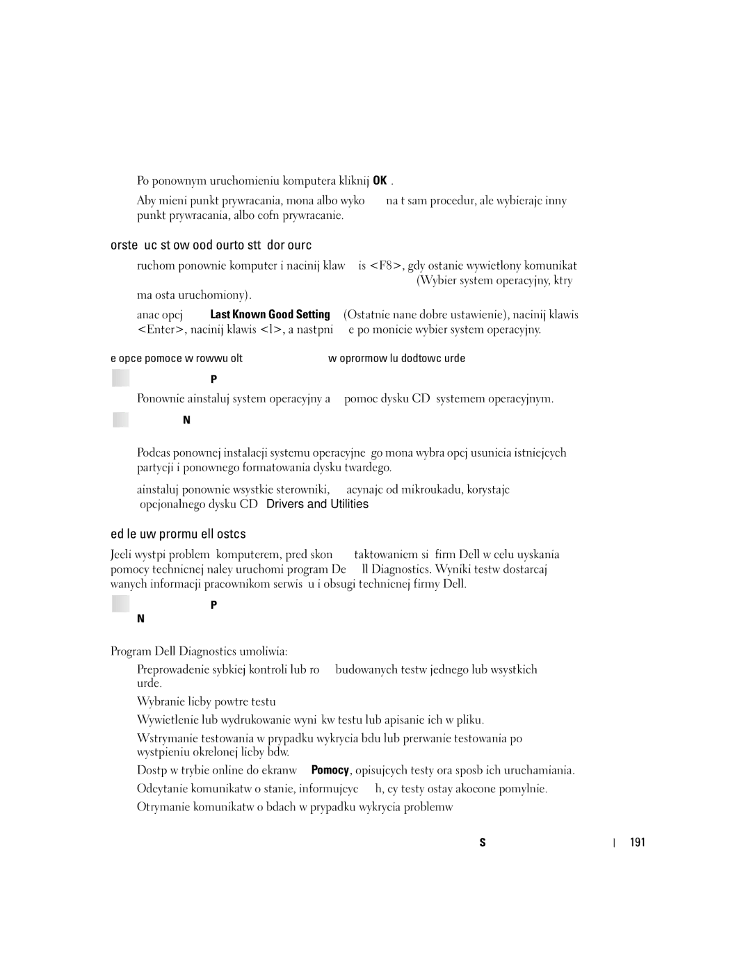 Dell T3913 manual Kiedy należy używać programu Dell Diagnostics, 191 