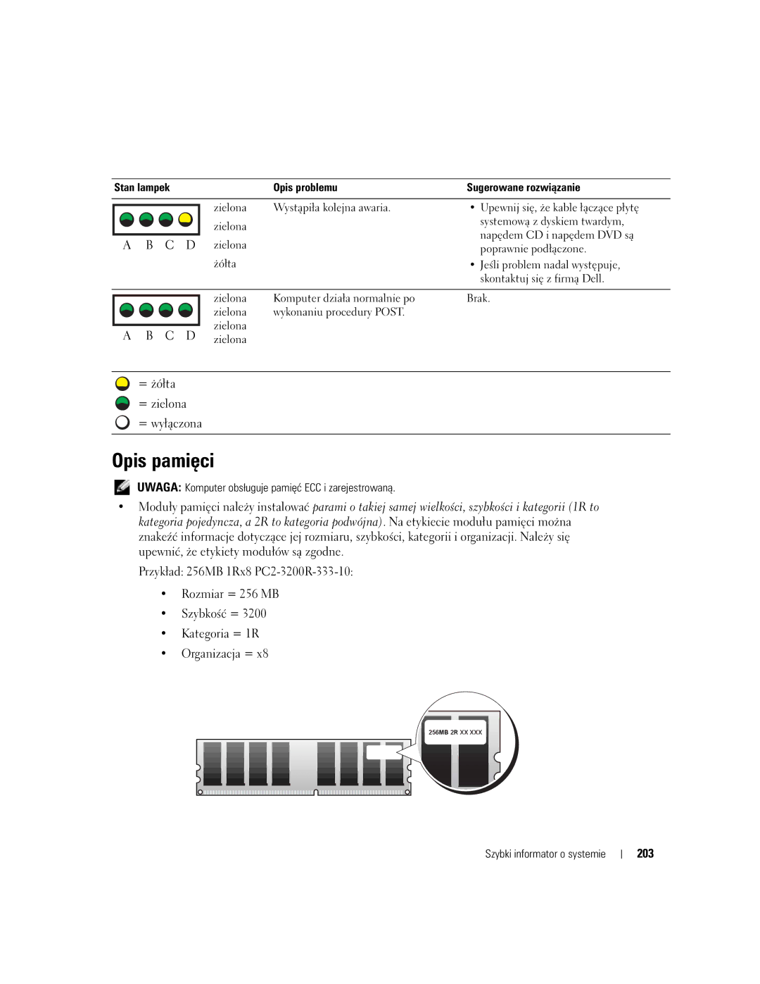 Dell T3913 manual 203, Uwaga Komputer obsługuje pamięć ECC i zarejestrowaną 