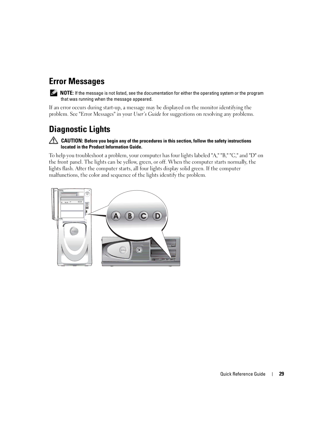 Dell T3913 manual Error Messages, Diagnostic Lights 