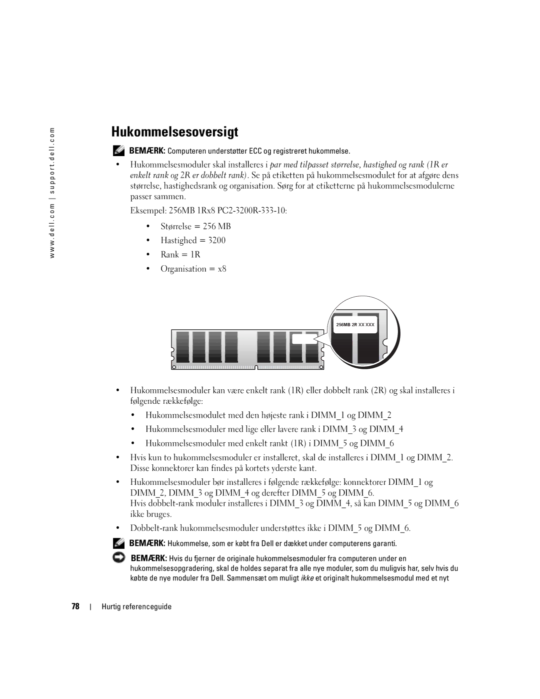 Dell T3913 manual Hukommelsesoversigt, Bemærk Computeren understøtter ECC og registreret hukommelse 