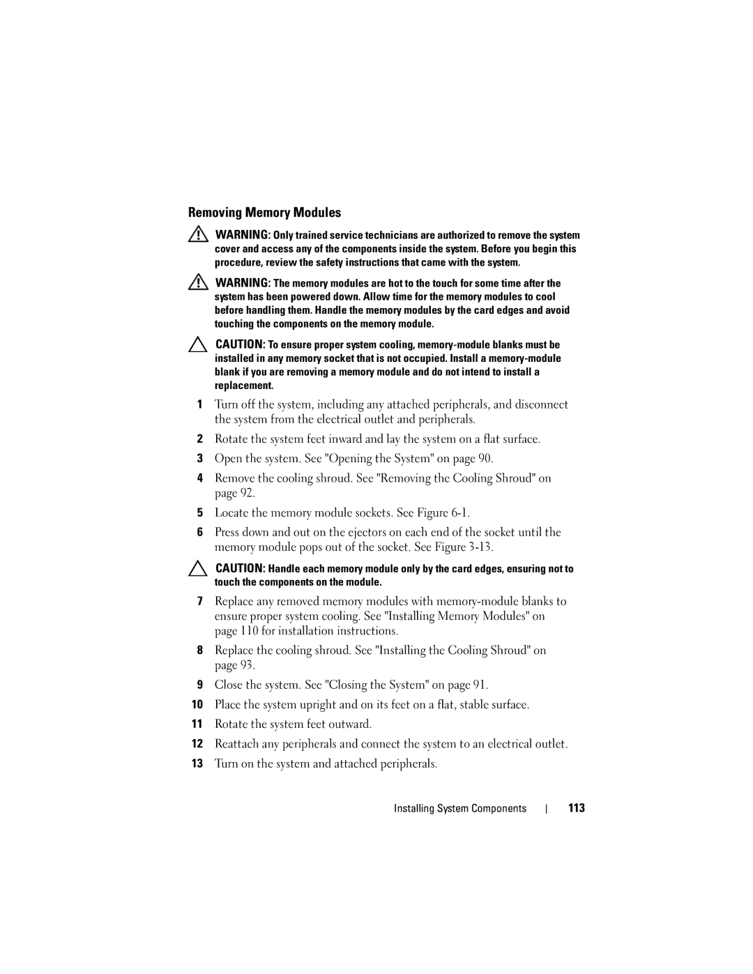 Dell T410 owner manual Removing Memory Modules, 113 