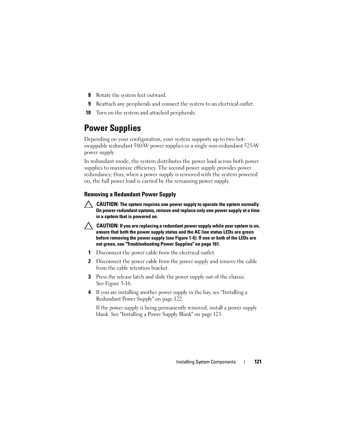 Dell T410 owner manual Power Supplies, Removing a Redundant Power Supply, 121 