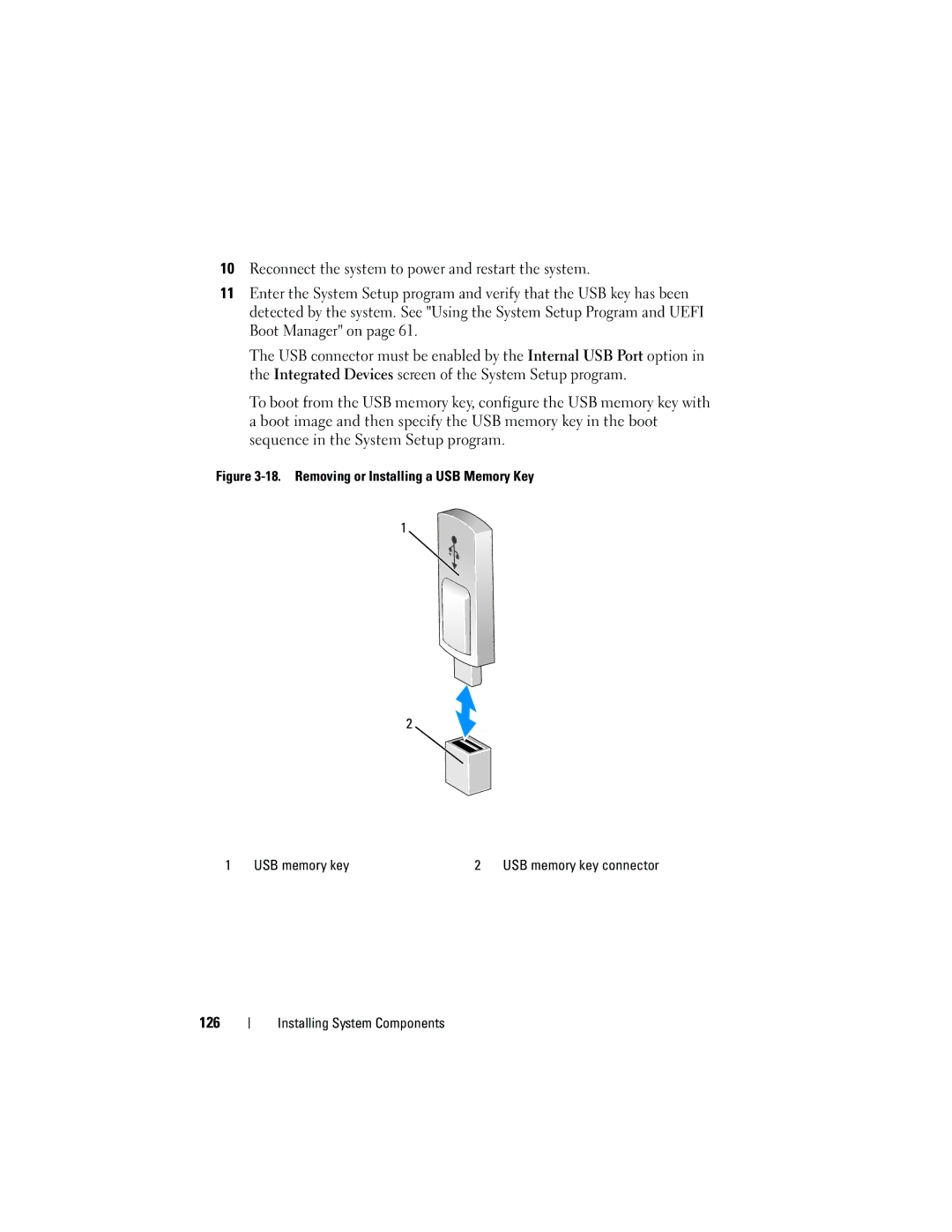 Dell T410 owner manual 126, Removing or Installing a USB Memory Key USB memory key 