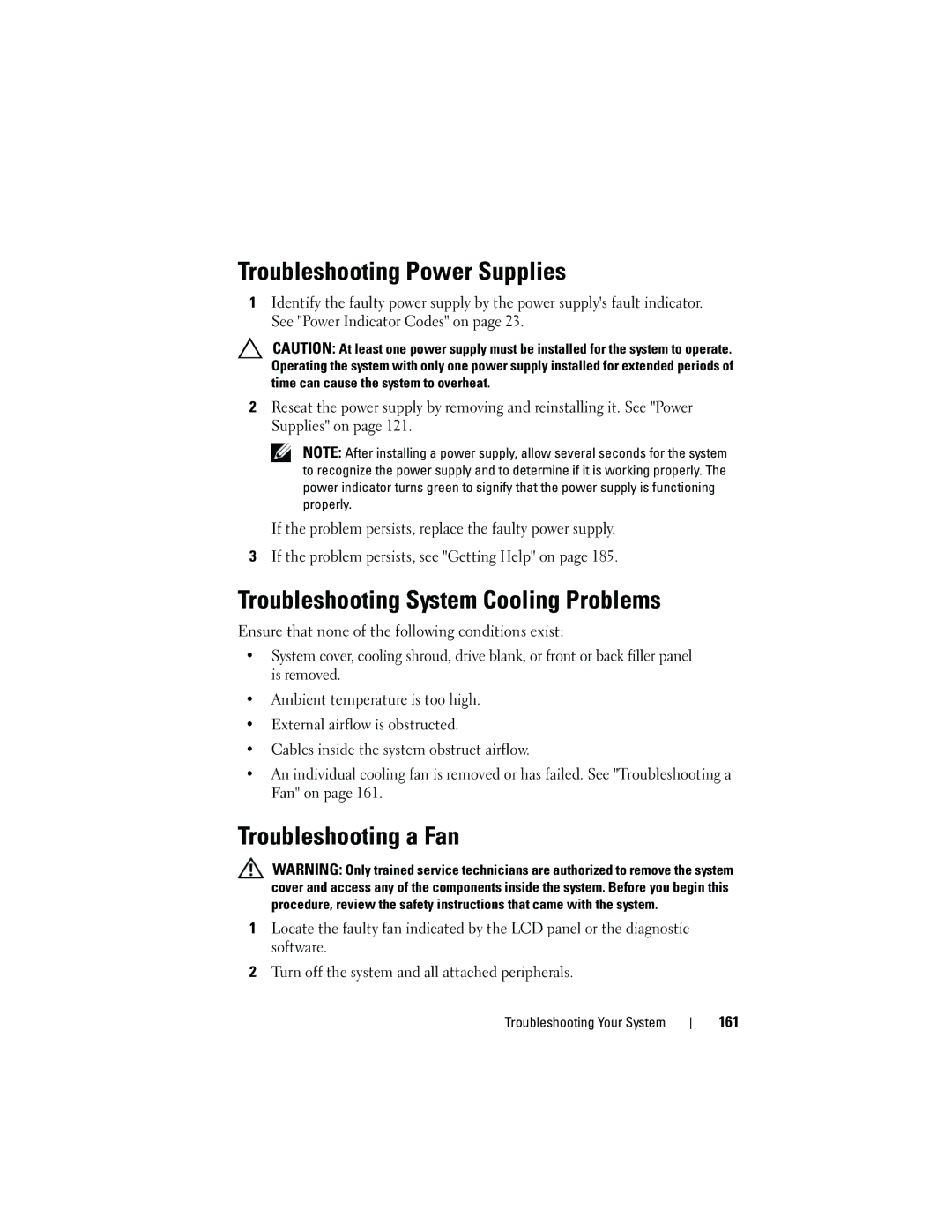 Dell T410 owner manual Troubleshooting Power Supplies, Troubleshooting System Cooling Problems, Troubleshooting a Fan, 161 