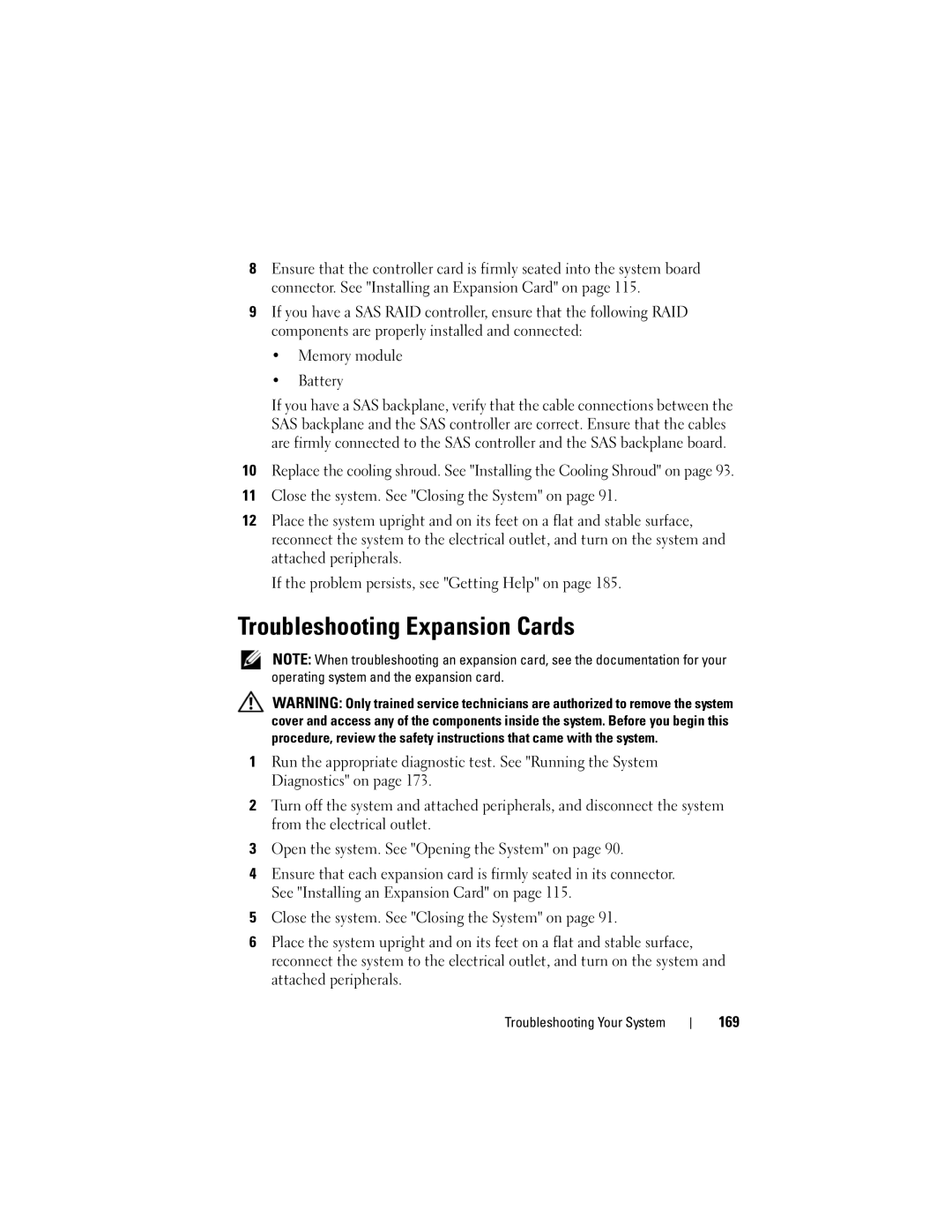 Dell T410 owner manual Troubleshooting Expansion Cards, 169 