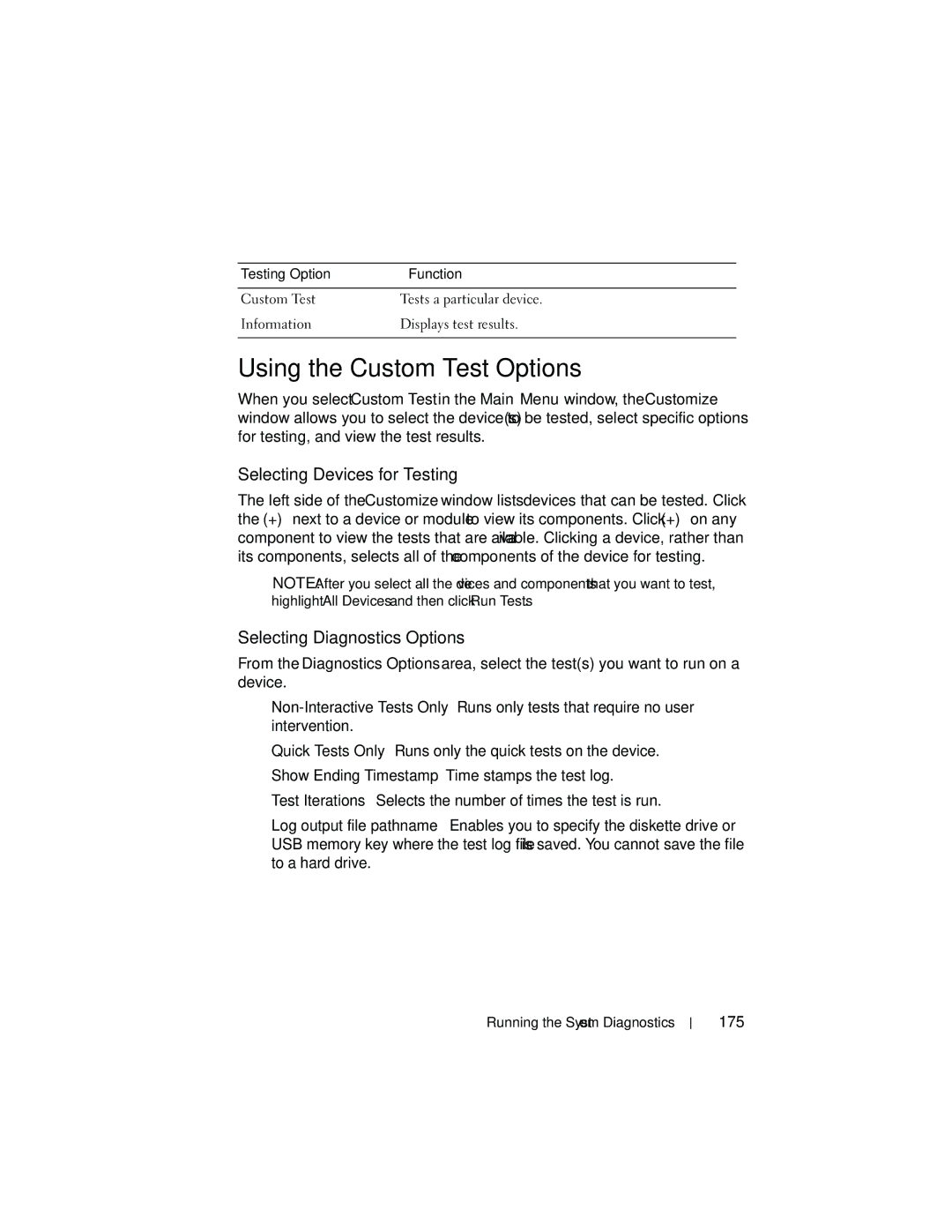 Dell T410 owner manual Using the Custom Test Options, Selecting Devices for Testing, Selecting Diagnostics Options, 175 