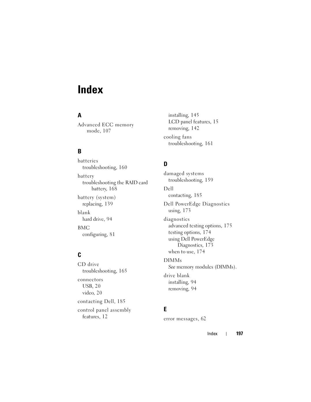 Dell T410 owner manual 197, Using Dell PowerEdge Diagnostics, Index 