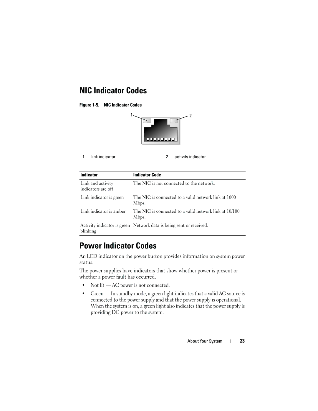 Dell T410 owner manual NIC Indicator Codes, Power Indicator Codes 