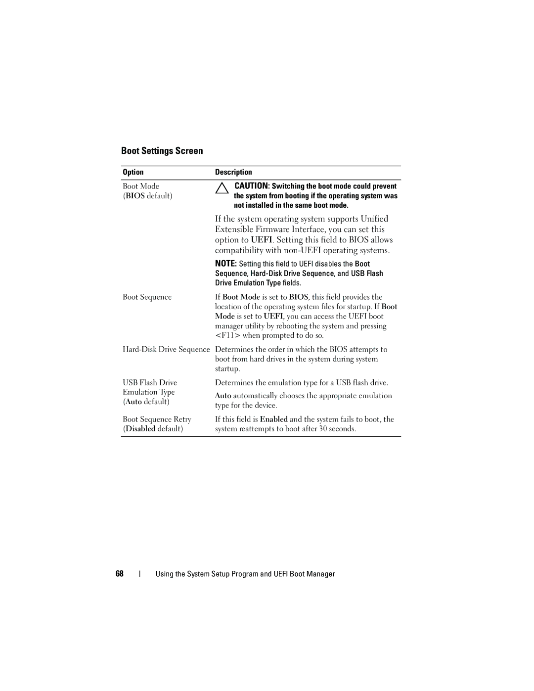 Dell T410 owner manual Boot Settings Screen, If the system operating system supports Unified 