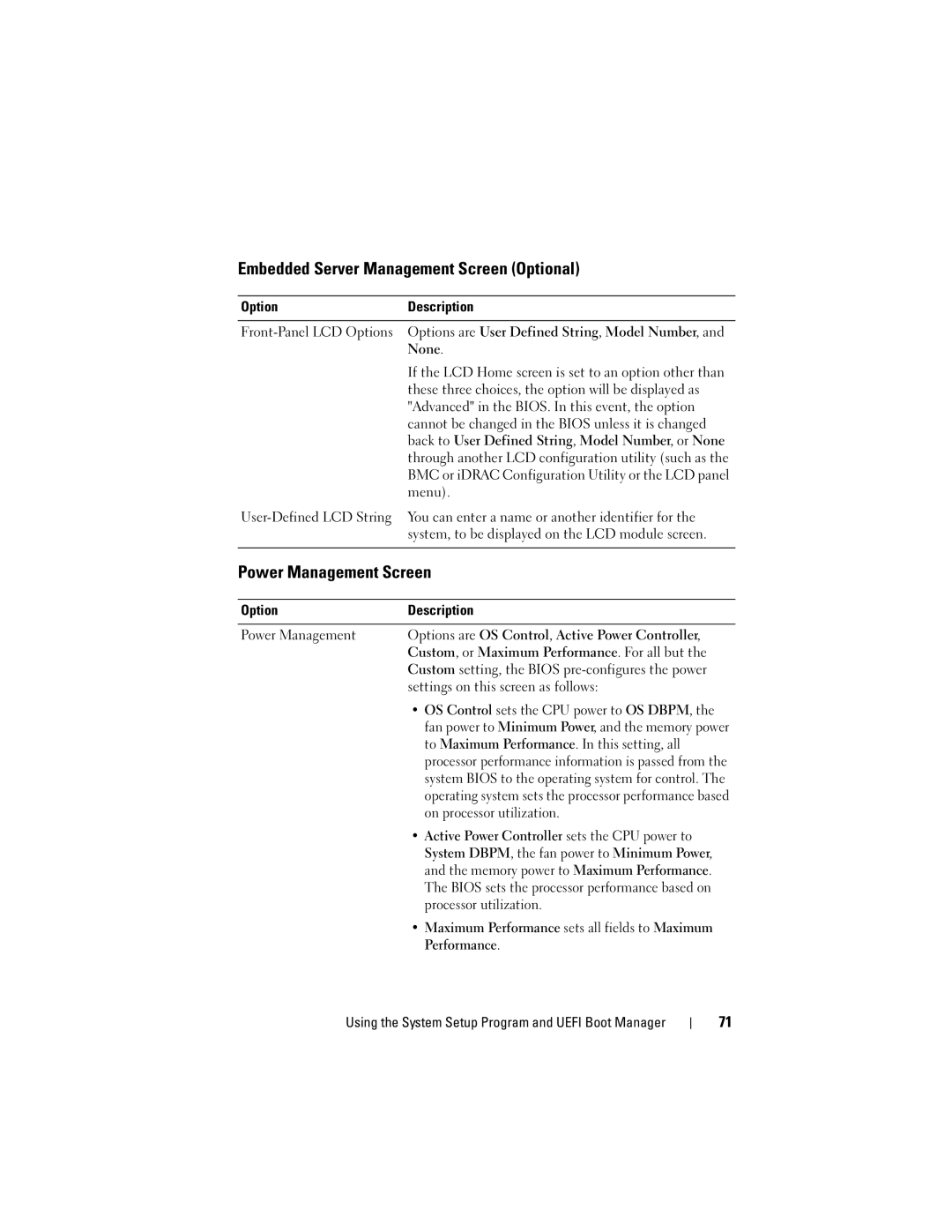 Dell T410 owner manual Embedded Server Management Screen Optional, Power Management Screen 