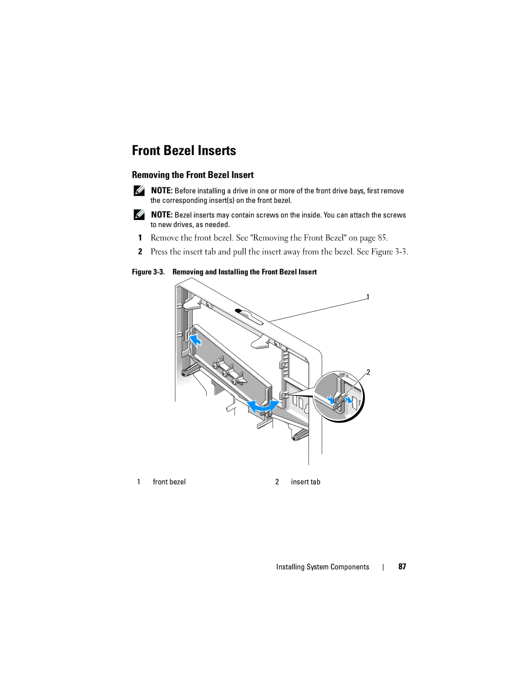 Dell T410 owner manual Front Bezel Inserts, Removing the Front Bezel Insert 