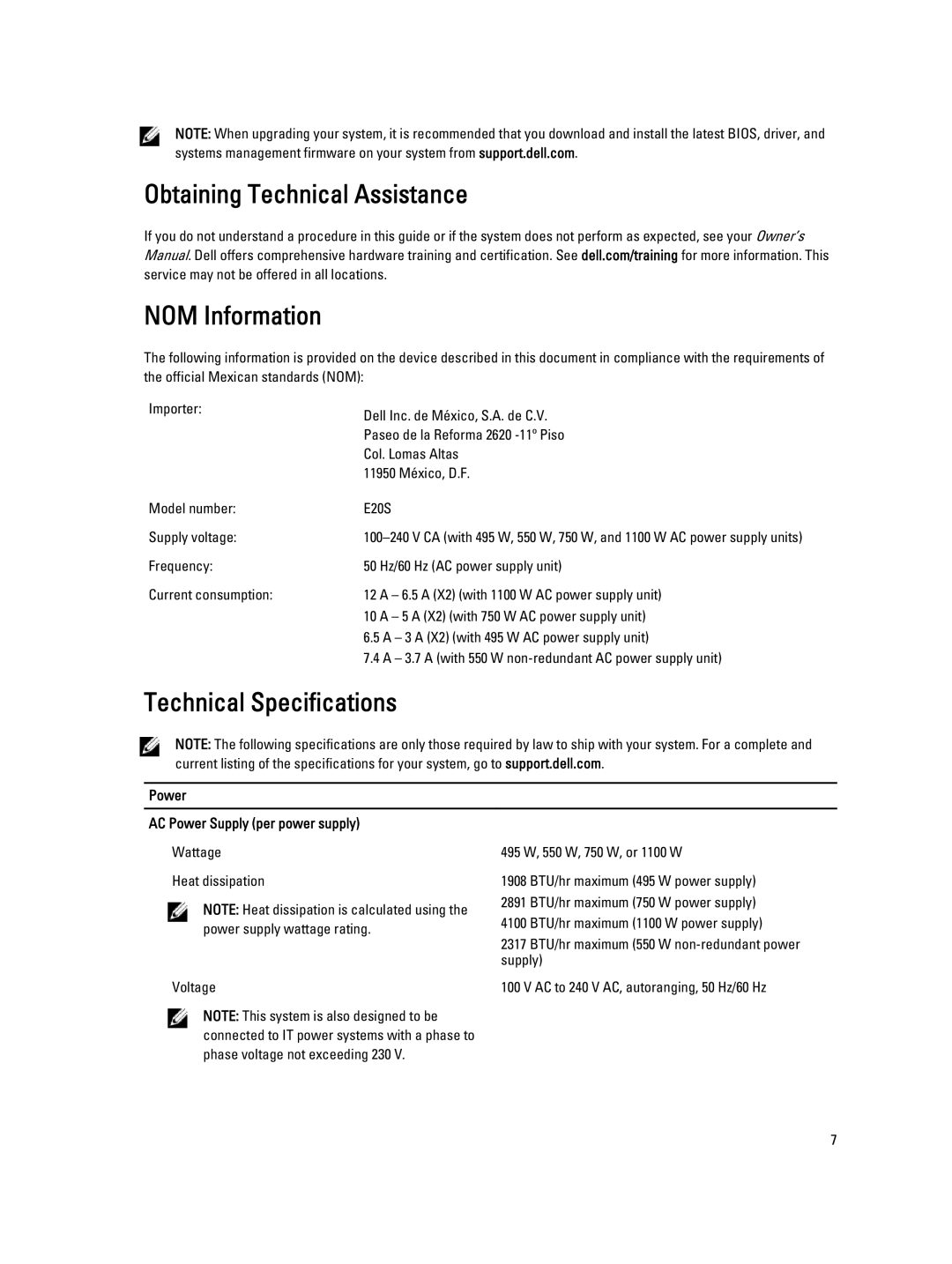 Dell T420 Obtaining Technical Assistance NOM Information, Technical Specifications, Power AC Power Supply per power supply 