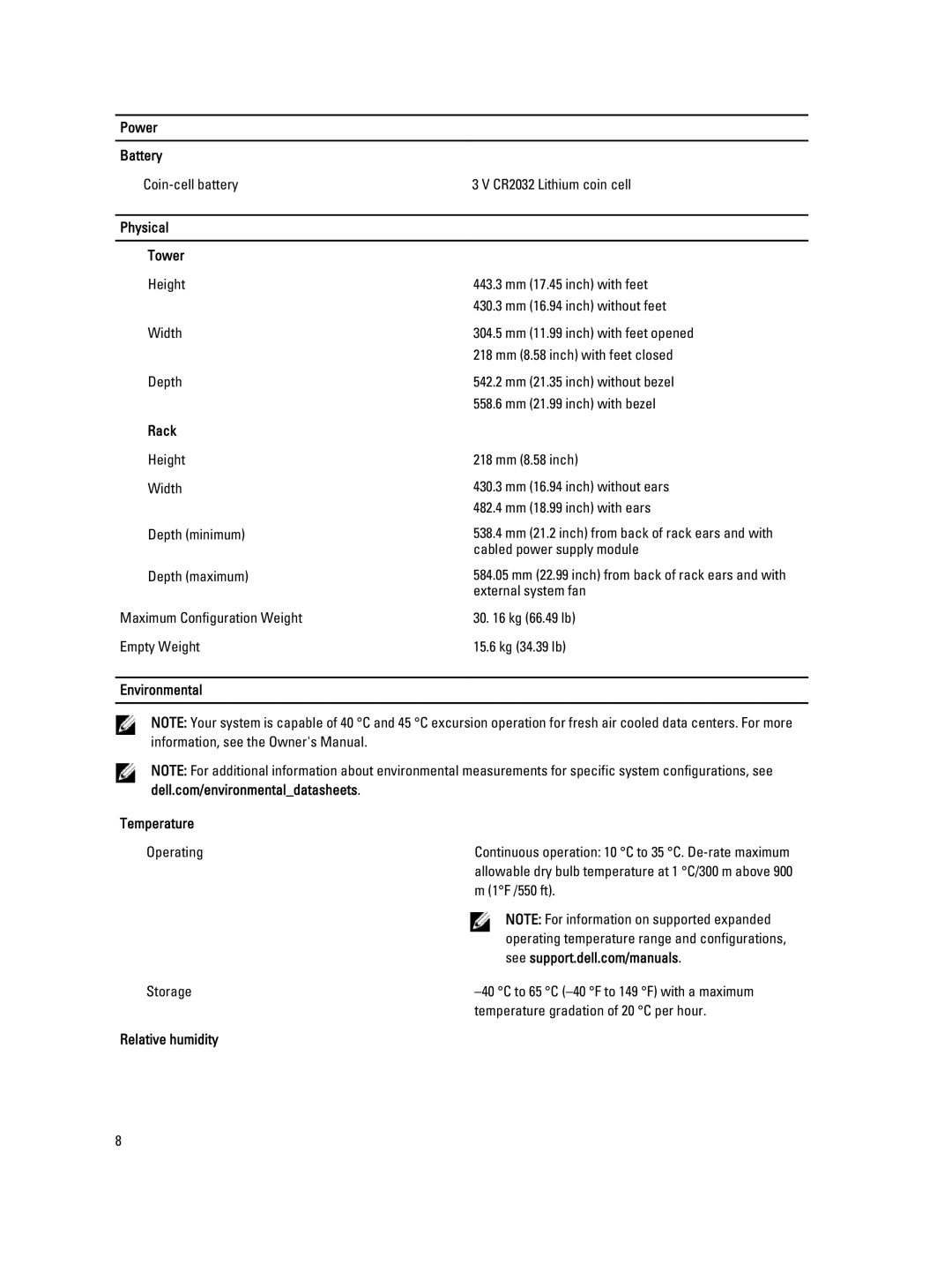 Dell T420 manual Power Battery, Physical Tower, Rack, Environmental Temperature, Relative humidity 