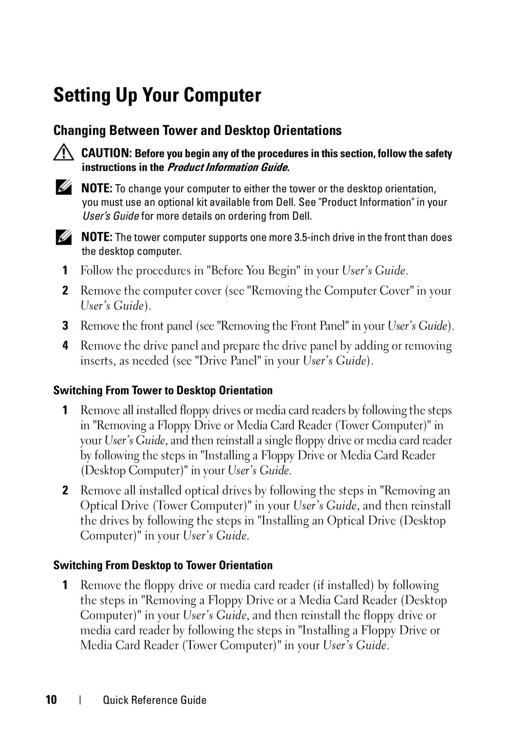 Dell T5400 manual Setting Up Your Computer, Changing Between Tower and Desktop Orientations 