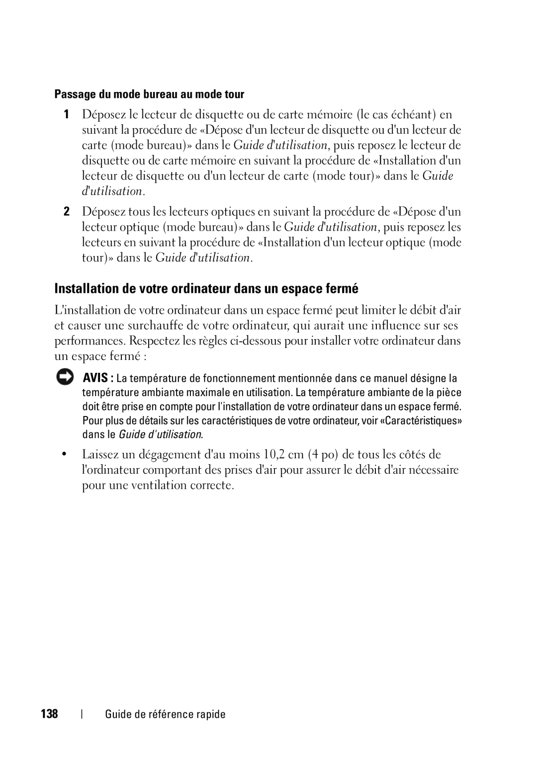 Dell T5400 manual Installation de votre ordinateur dans un espace fermé, Passage du mode bureau au mode tour, 138 