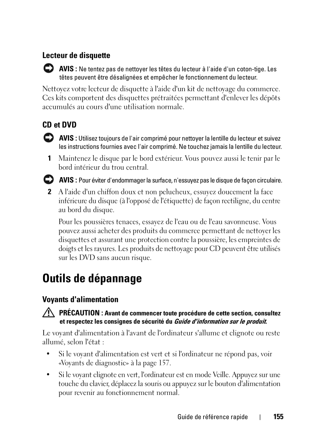 Dell T5400 manual Outils de dépannage, Lecteur de disquette, CD et DVD, Voyants dalimentation, 155 