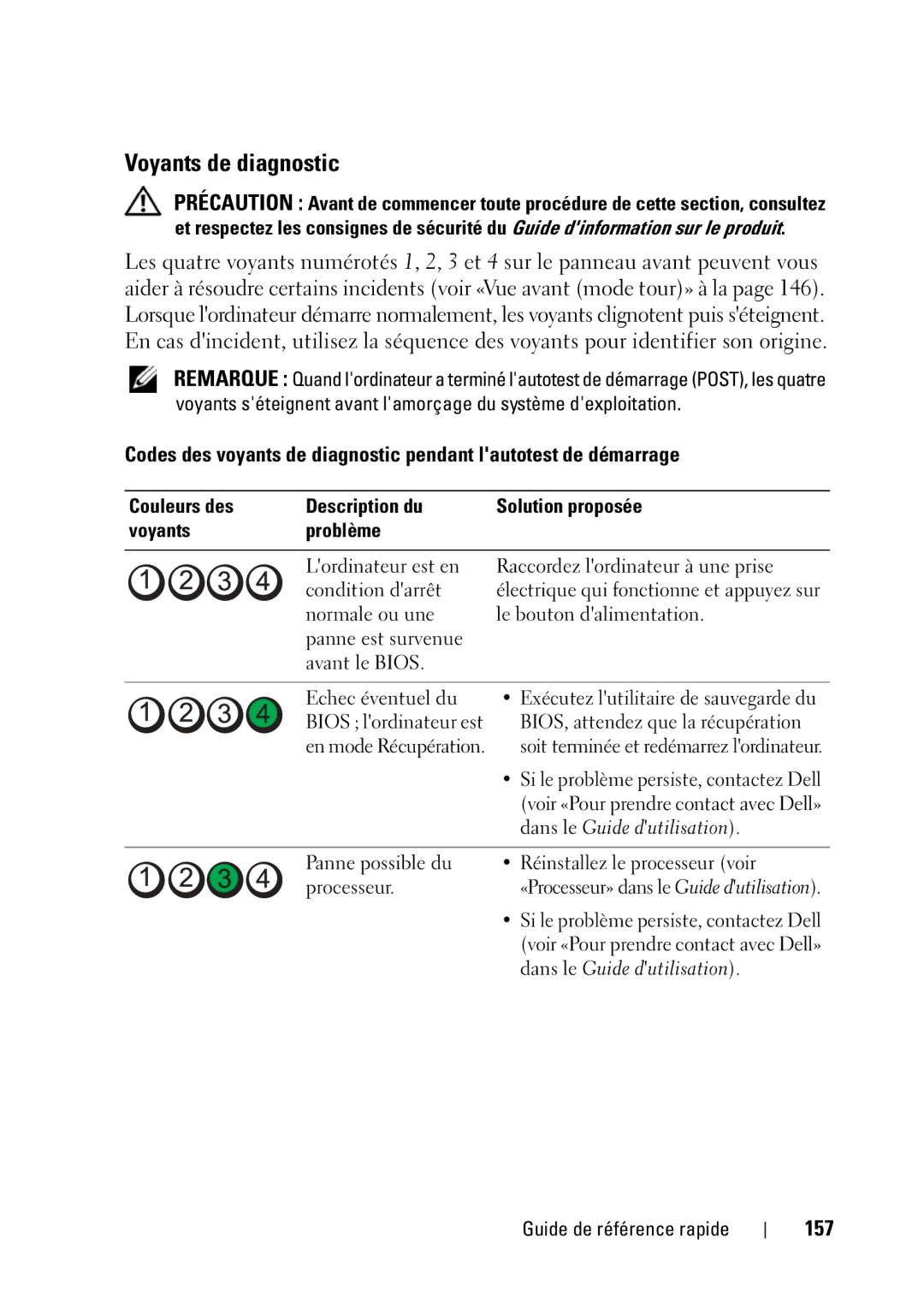 Dell T5400 manual Voyants de diagnostic, 157, Dans le Guide dutilisation 